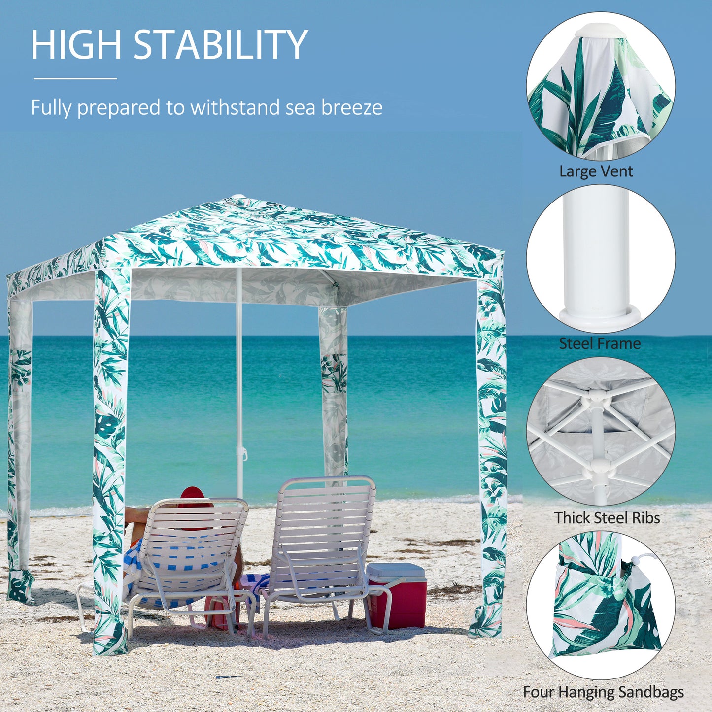 Beach Umbrella, 6.5' Easy-Assembly Sun-Shade Shelter with Sandbags and Carry Bag, Cool UV50+, Green