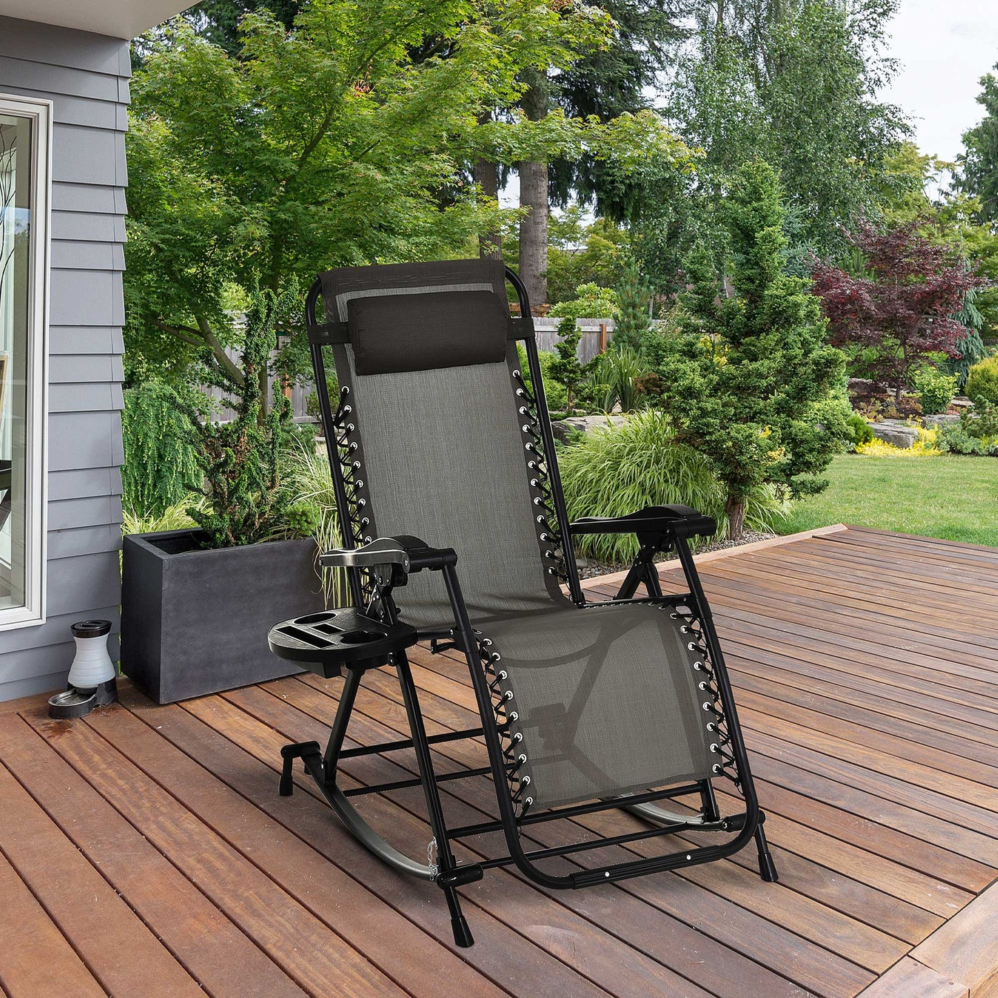 2 in 1 Adjustable Zero Gravity Reclining Lounge Chair Garden Recliner and Rocker Foldable Sun Lounger Napping Seat w/ Headrest & Tray Grey