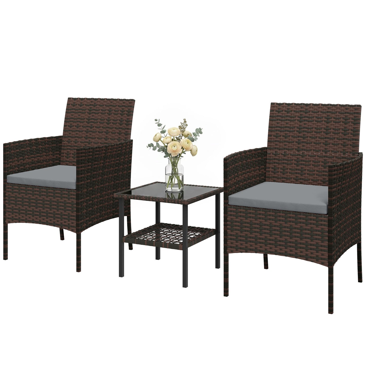 Wicker Bistro Set, 3 Piece Patio Furniture Set with 2-Tier Glass Top Table, Cushions for Balcony, Porch, Dark Grey