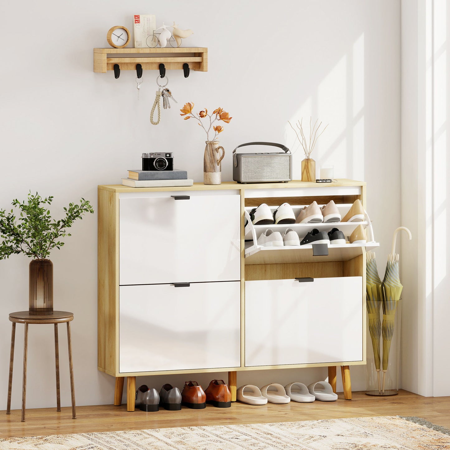 Narrow Shoe Cabinet, High Gloss Shoe Storage Cabinet with 4 Flip Drawers and Adjustable Shelves, Holds 20 Pairs, White