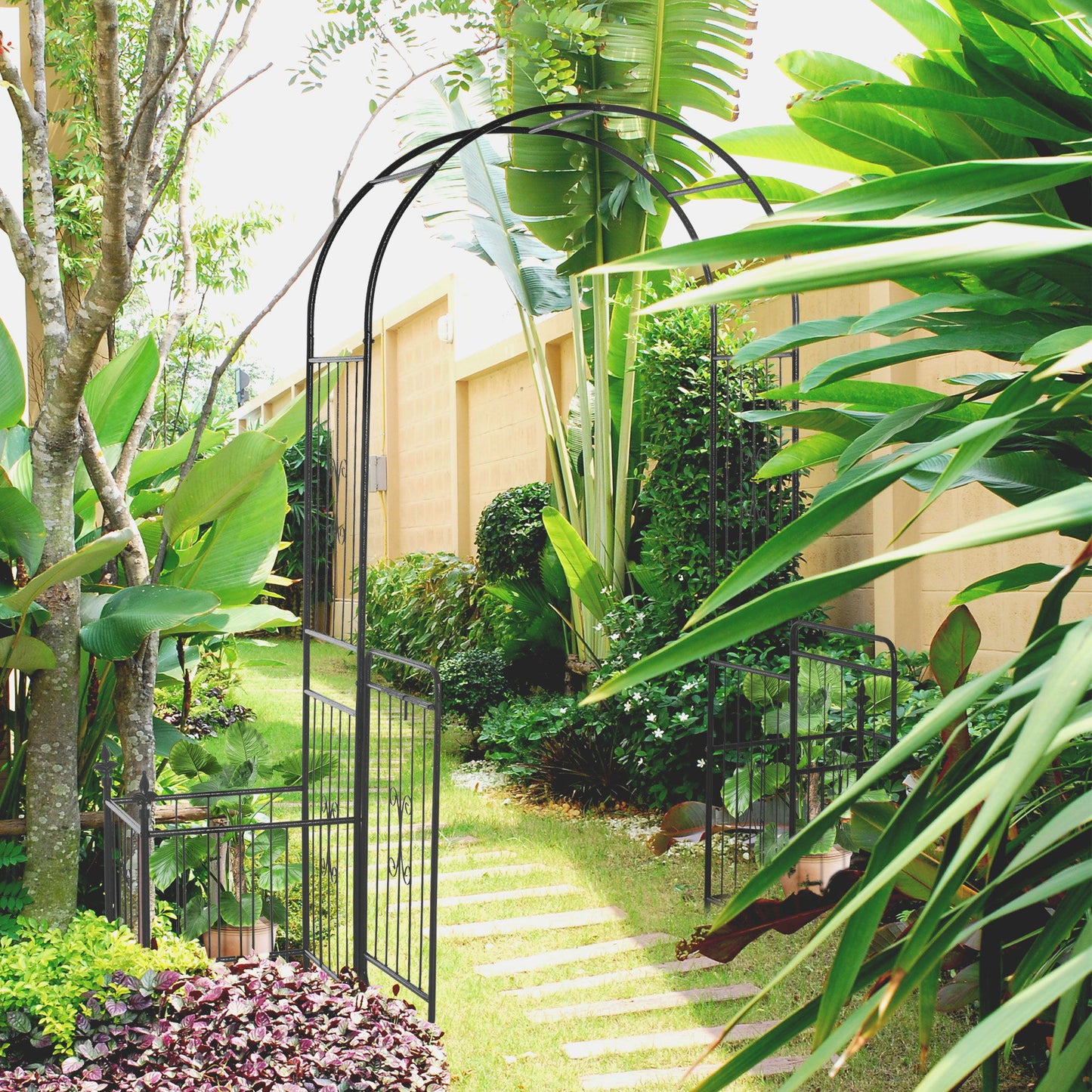 7.2FT Metal Garden Arch with Gate, 2 Side Planter Baskets, Garden Arbor Archway Trellis for Roses and Climbing Plants, Black