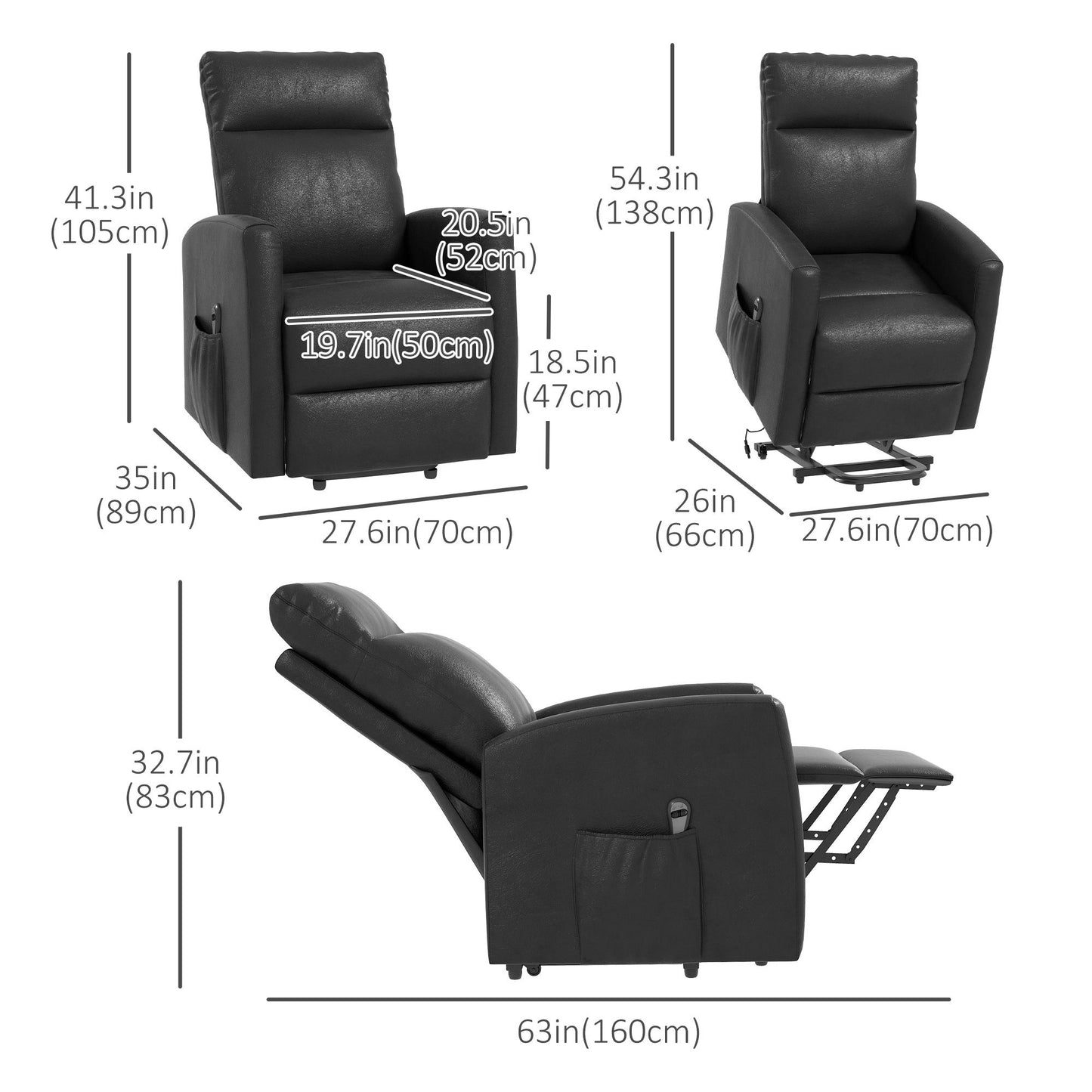 Power Lift Recliner Chair with Remote Control Side Pocket for Living Room Home Office Study Grey