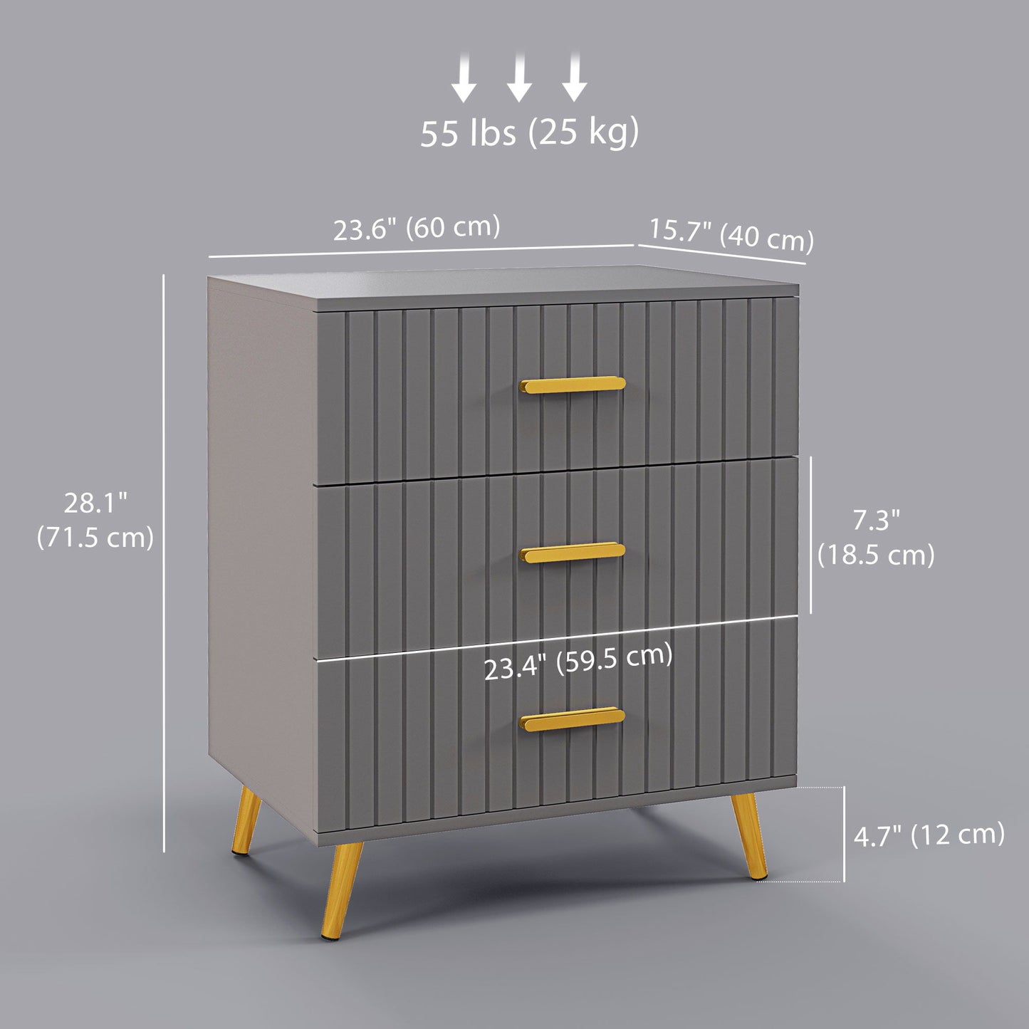 3 Drawer Cabinet, Drawer Chest for Bedroom, Chest of Drawers with Aluminium Legs and Gold Handles, Dark Grey