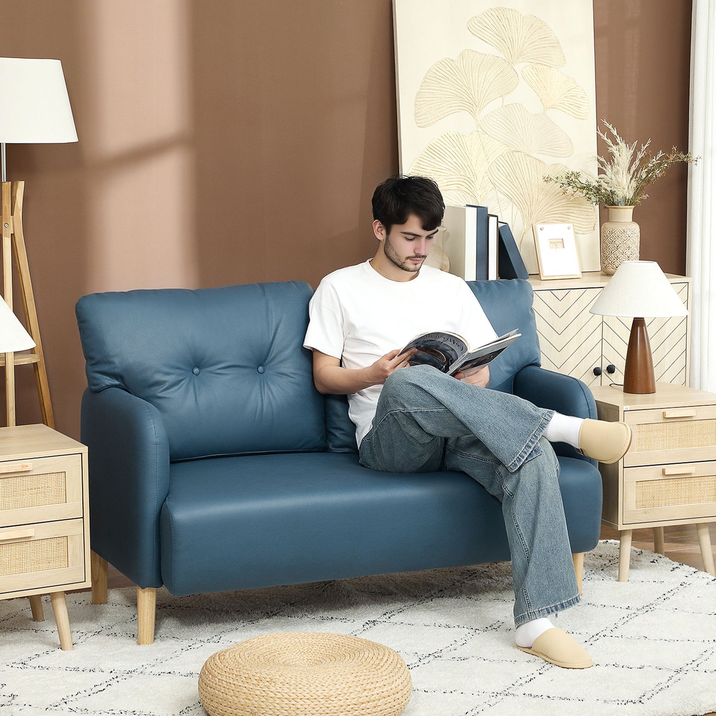 58" 2 Seat Sofa, Modern Love Seats Furniture, Upholstered 2 Seater Couch, Solid Wood Frame, Navy Blue