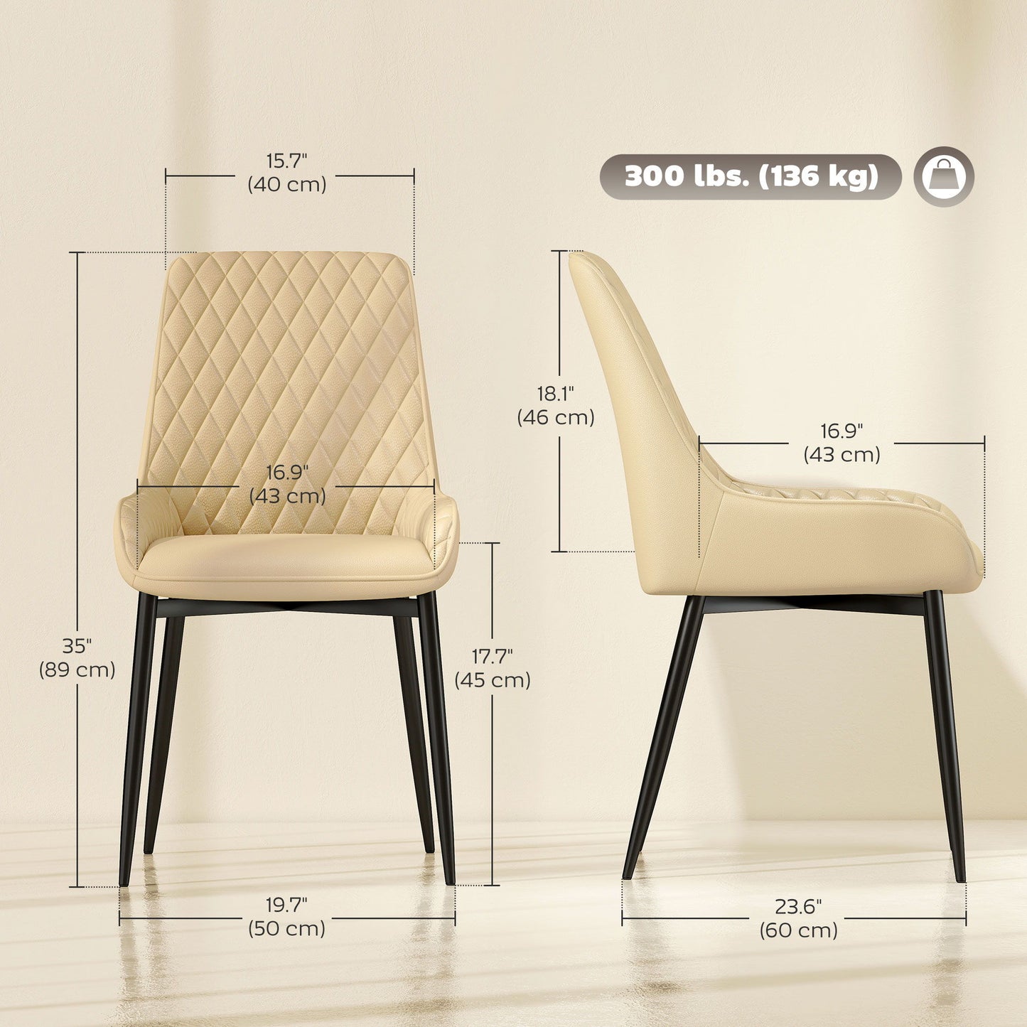 Upholstered Kitchen Chairs, Modern Dining Chairs Set of 4 with Diamond Tufting and Steel Legs for Dining Room, Khaki