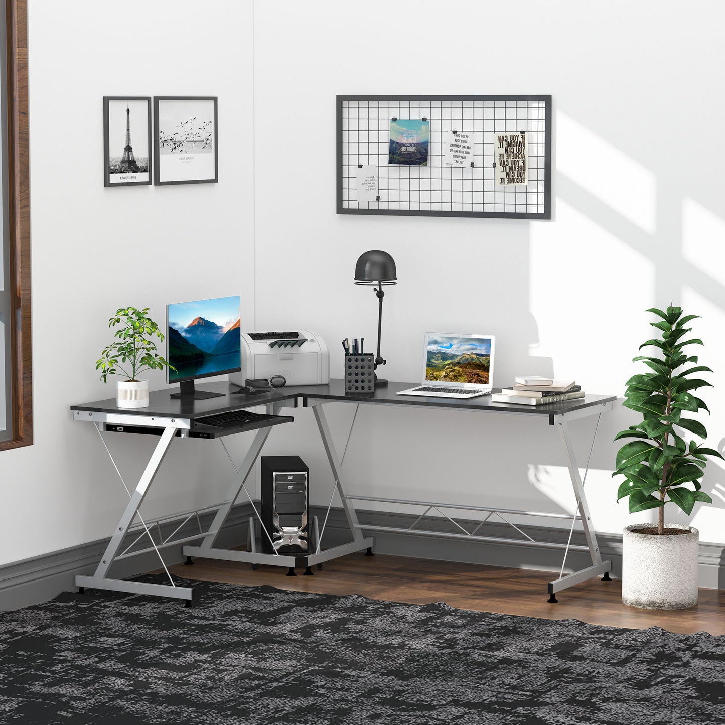 L-Shaped Computer Desk, Corner Table with Keyboard Tray for PC Laptop Desktop, Workstation Stand Home Office Furniture