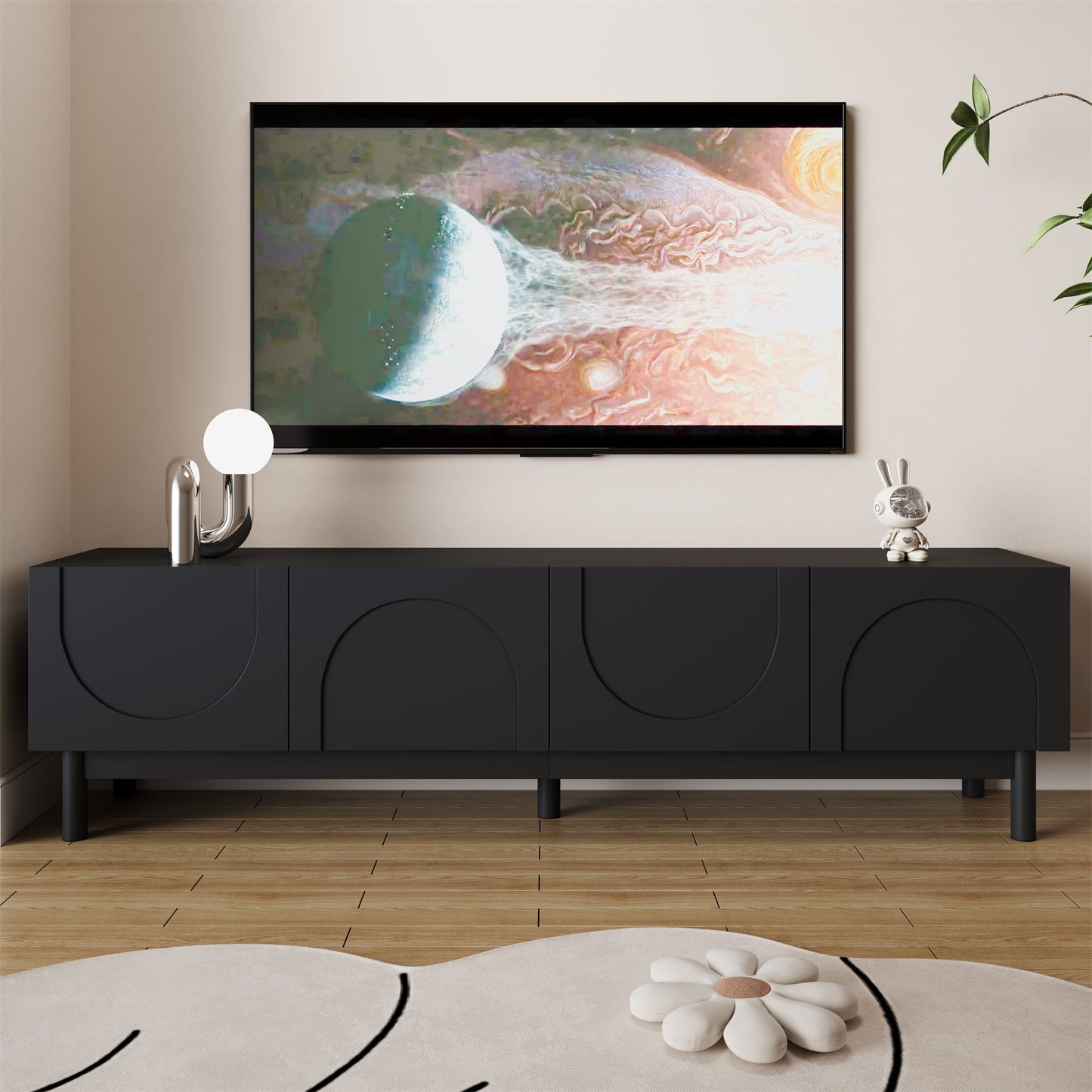 Modern TV Stand with Wave Shaped Doors, Ample Storage and Sturdy Legs, Functional Design, Easy to Install, 66.5" L x 13.5" W x 18" H, Black
