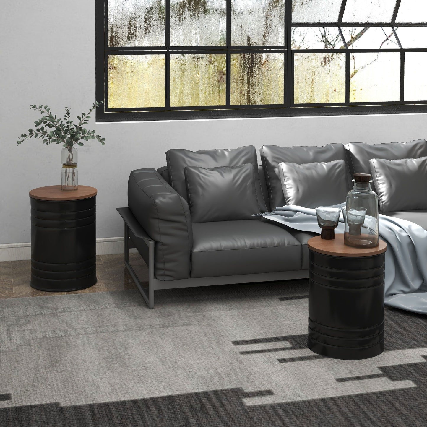 Round Nesting Side Tables Set of 2 with Storage - Black
