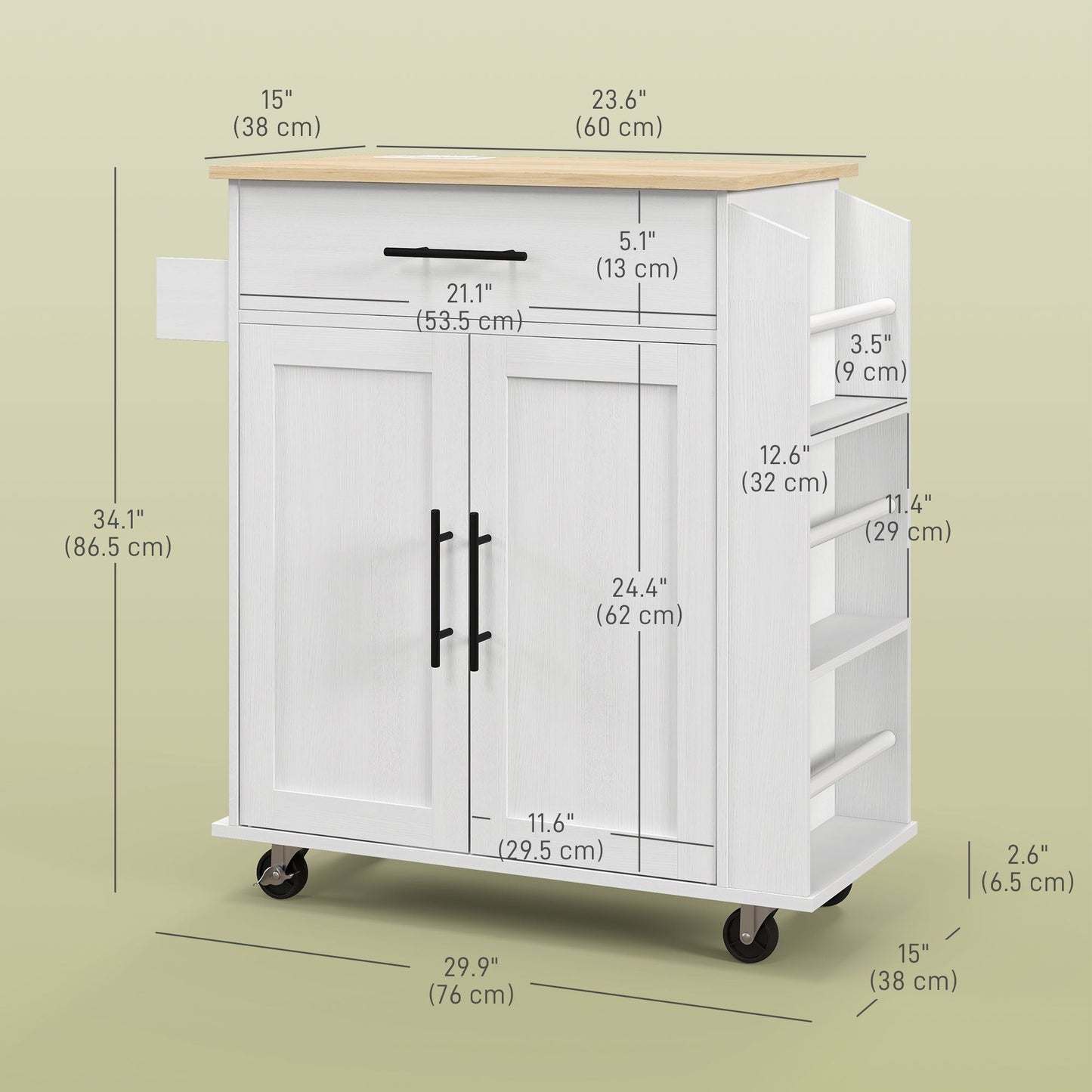 Rolling Kitchen Island with Power Outlets and Drawer - White