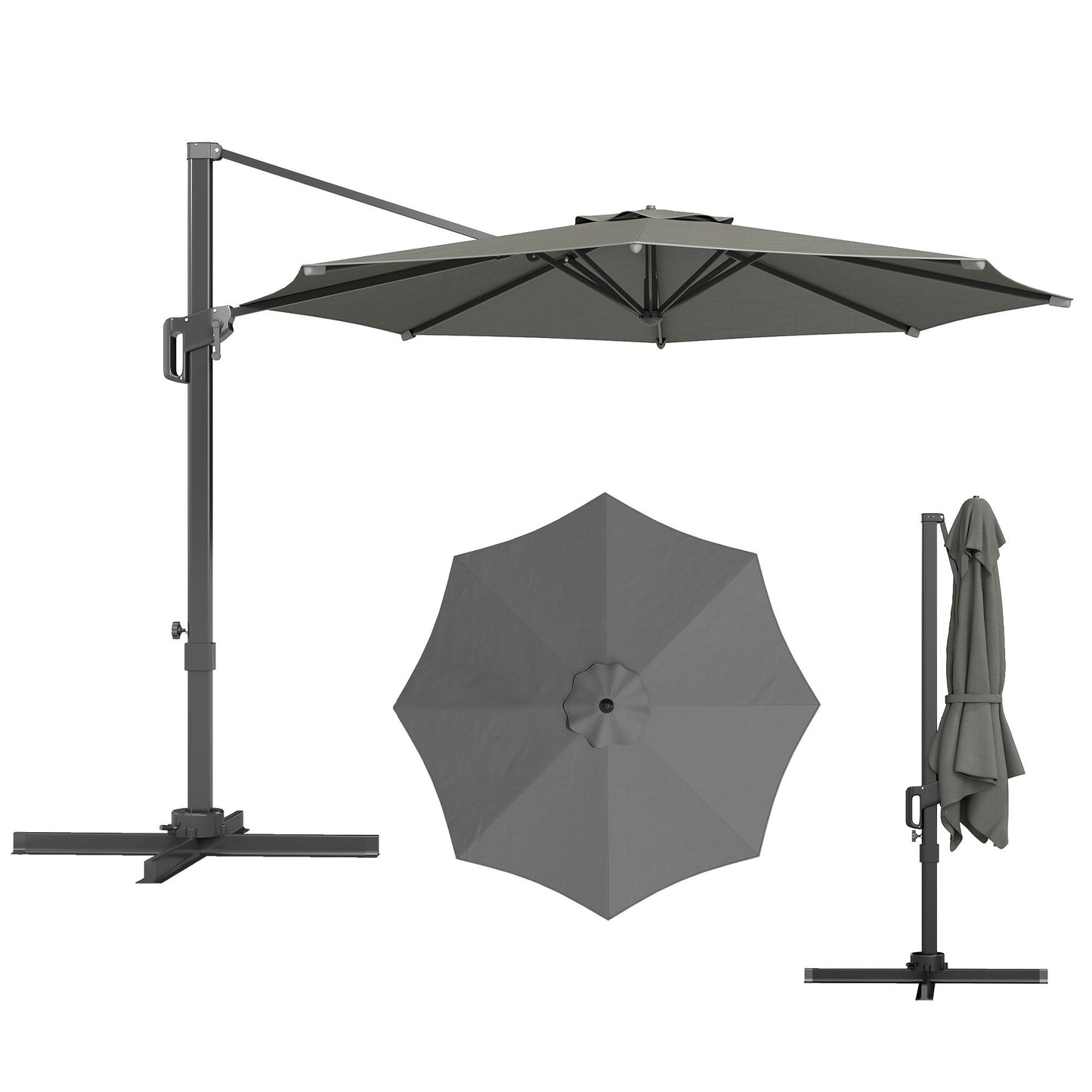 10' Offset Patio Umbrella Cantilever Umbrella with Aluminium Pole 360° Rotation and Tilt Adjustment, Grey