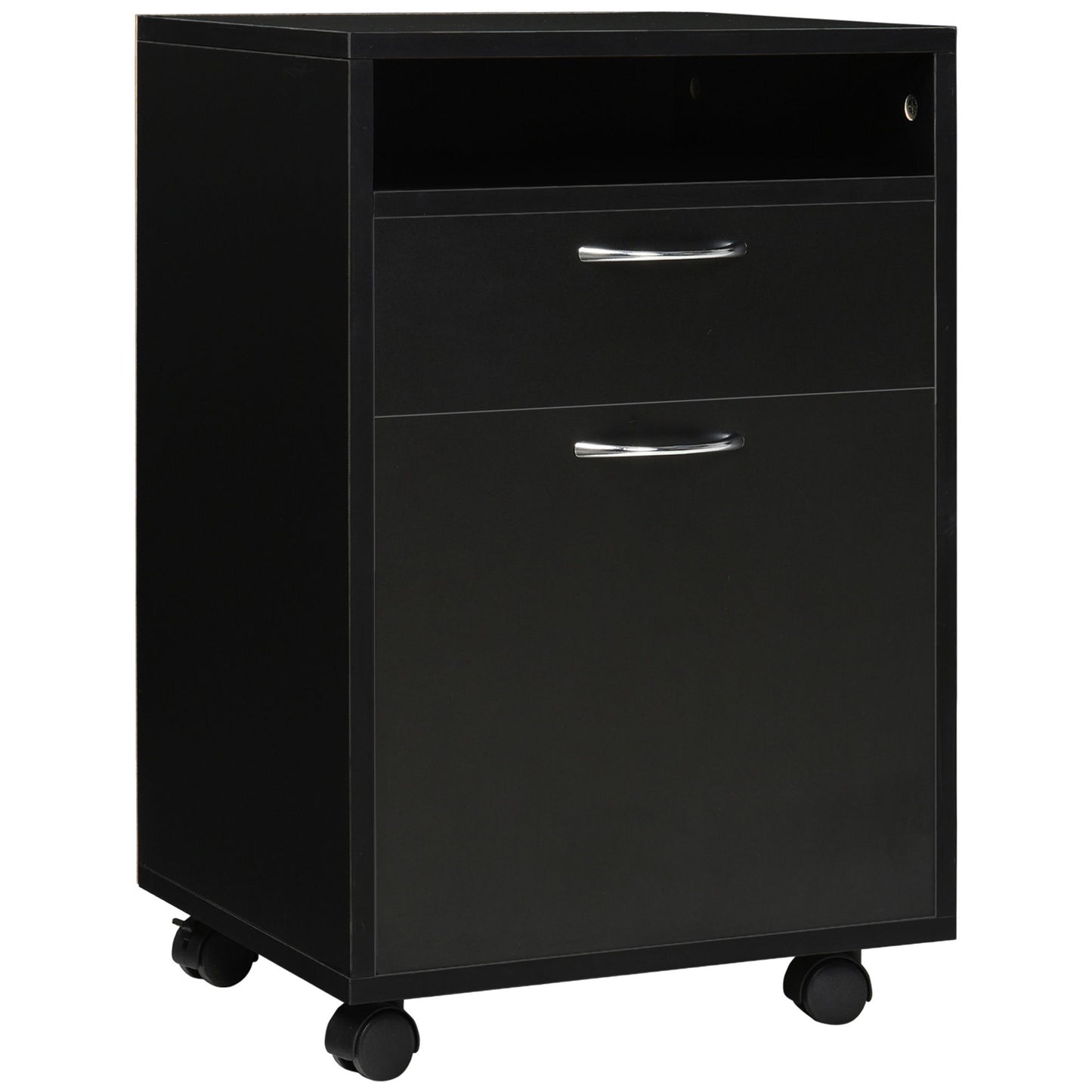24" Small Filing Cabinet with Open Compartment, Drawer and Wheels, Home Office Storage Cabinet, Black