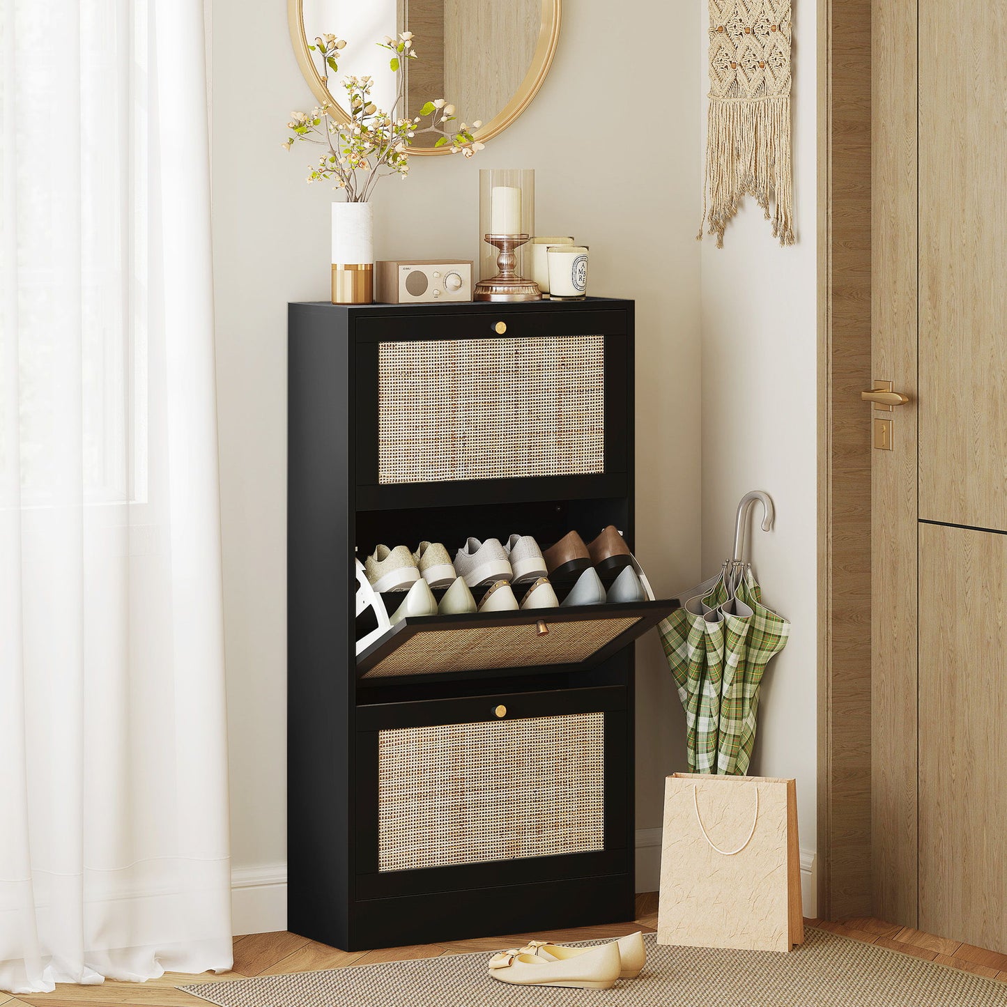 Rattan Shoe Storage Cabinet with 3 Flip Drawers and Adjustable Shelves, Entryway Shoe Cabinet for 18 Pairs, Black