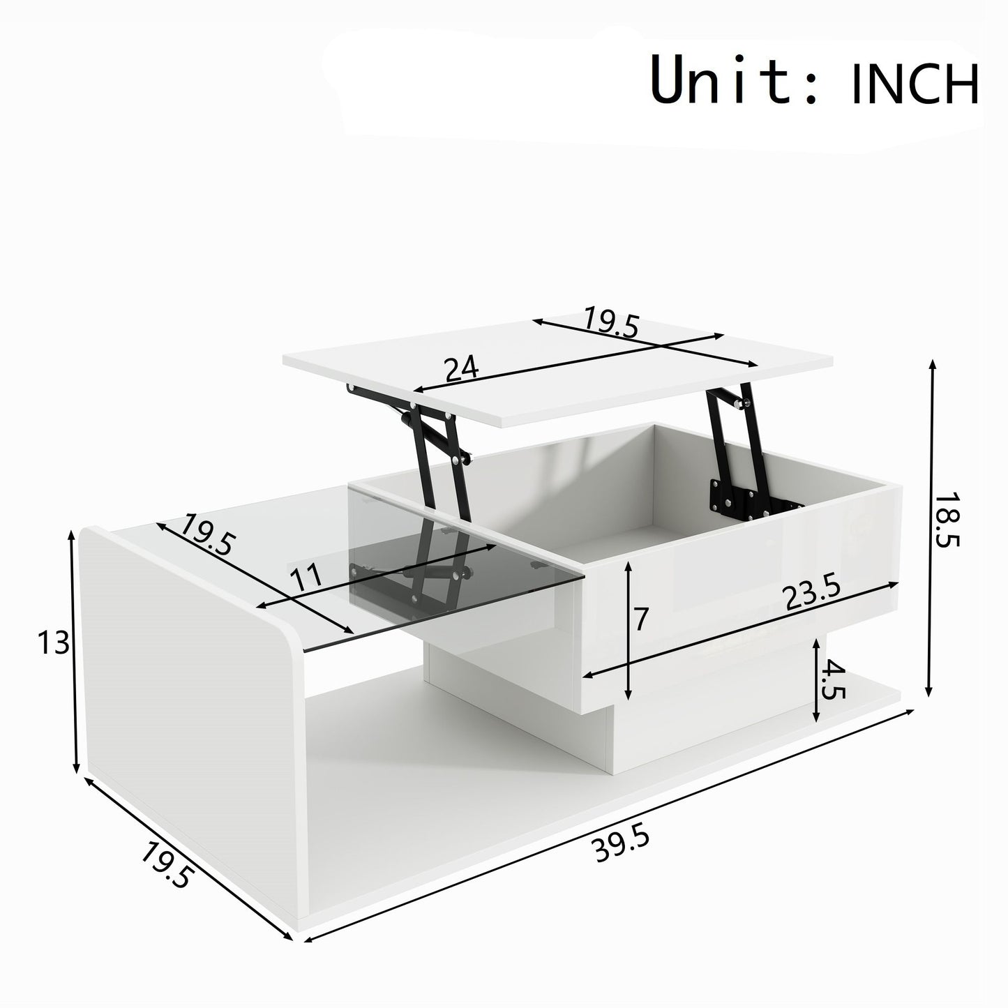 High-Gloss Coffee Table with Adjustable Height and LED Light Strip, Tempered Glass Top, Easy to Install, 39.5" L x 19.5" W x 13" H, White