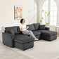 Convertible Sofa Bed, Corduroy U-Shaped Sleeper Sofa Couch with Storage Chaise, Pillows, Spring, Futon Couch, Grey
