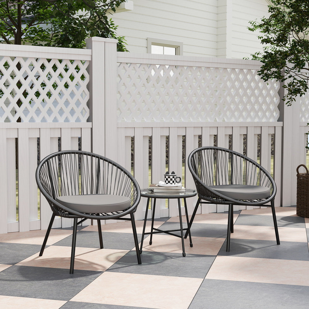 3 Piece Wicker Patio Furniture Set with Soft Seat Cushions, Tempered Glass Tabletop, Bistro Set for Garden, Black