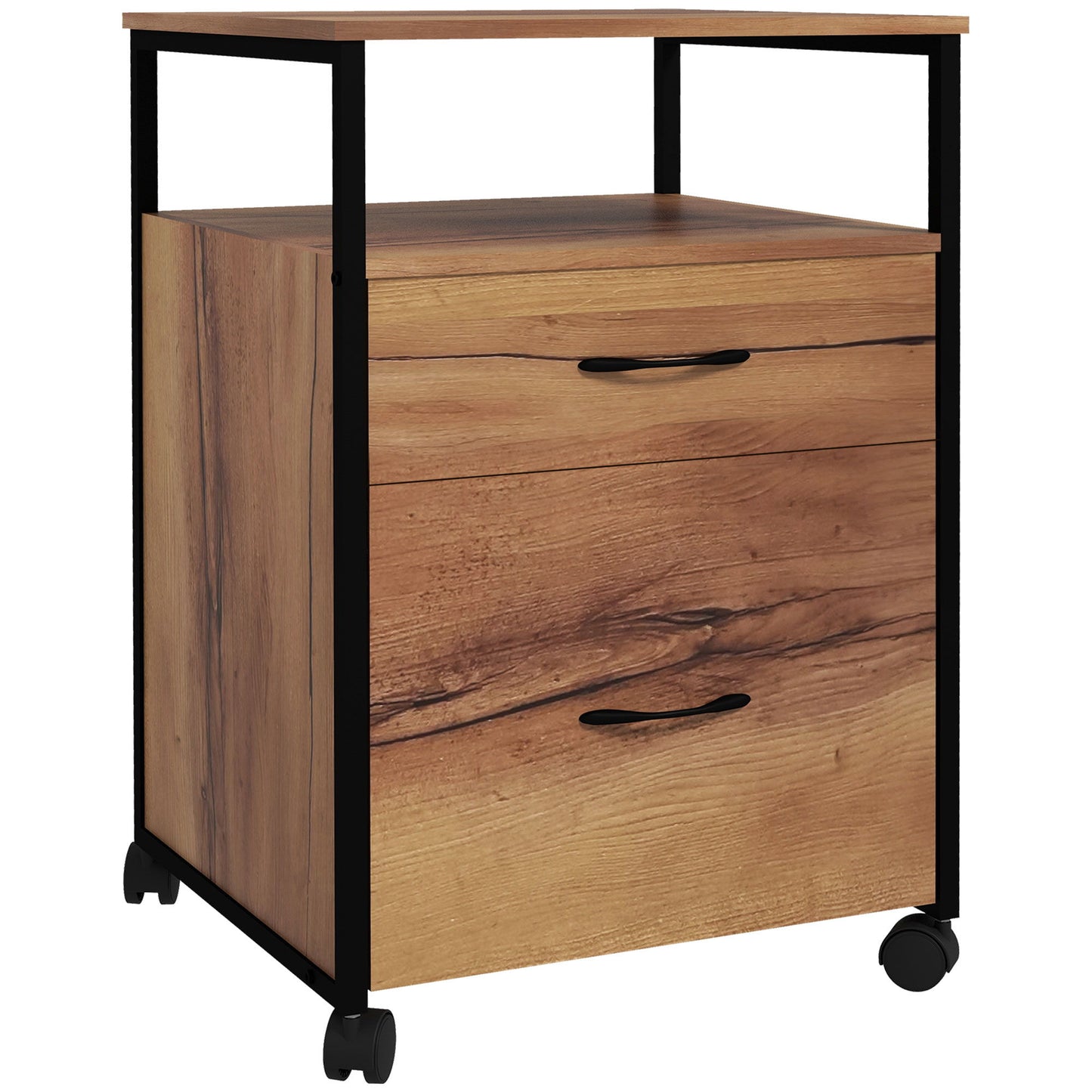 Vertical Filing Cabinet with Wheels, 26.2" Tall File Cabinet with 2 Drawers, Open Shelf, Hanging Bars for Letter and A4, Industrial Home Office Printer Stand, Rustic Brown