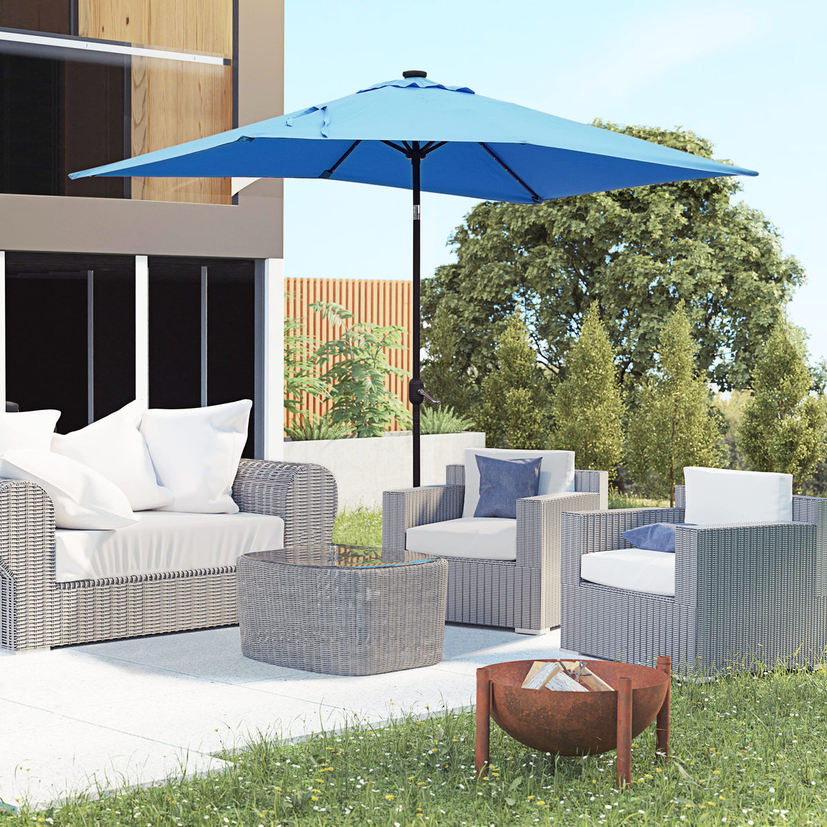 6' x 10' Patio Umbrella with 22 LED Solar Lights and Tilt, Rectangular Outdoor Table Umbrella with Crank, Light Blue