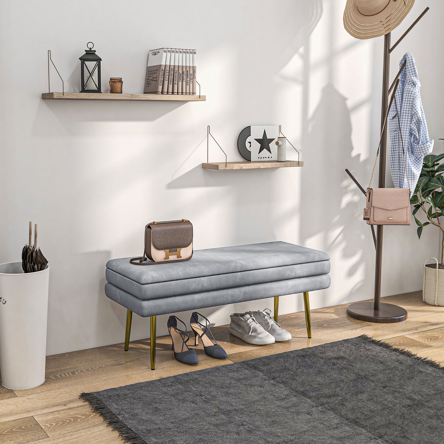 39" Storage Ottoman, Velvet End of Bed Bench with Steel Legs, Foot Stool with Storage for Bedroom, Living Room