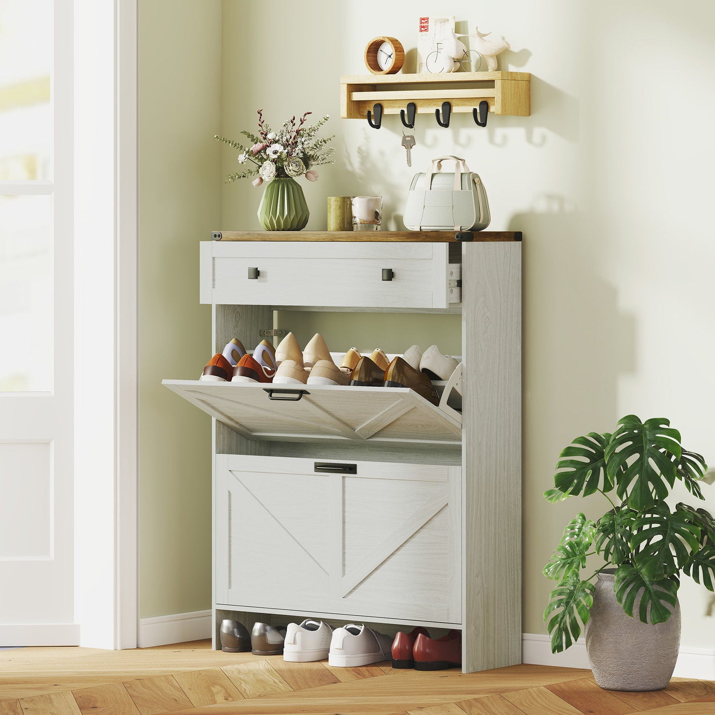 Narrow Shoe Storage Cabinet, Farmhouse Shoe Cabinet with 2 Flip Drawers, 1 Drawer, 12 Pairs for Entryway, White