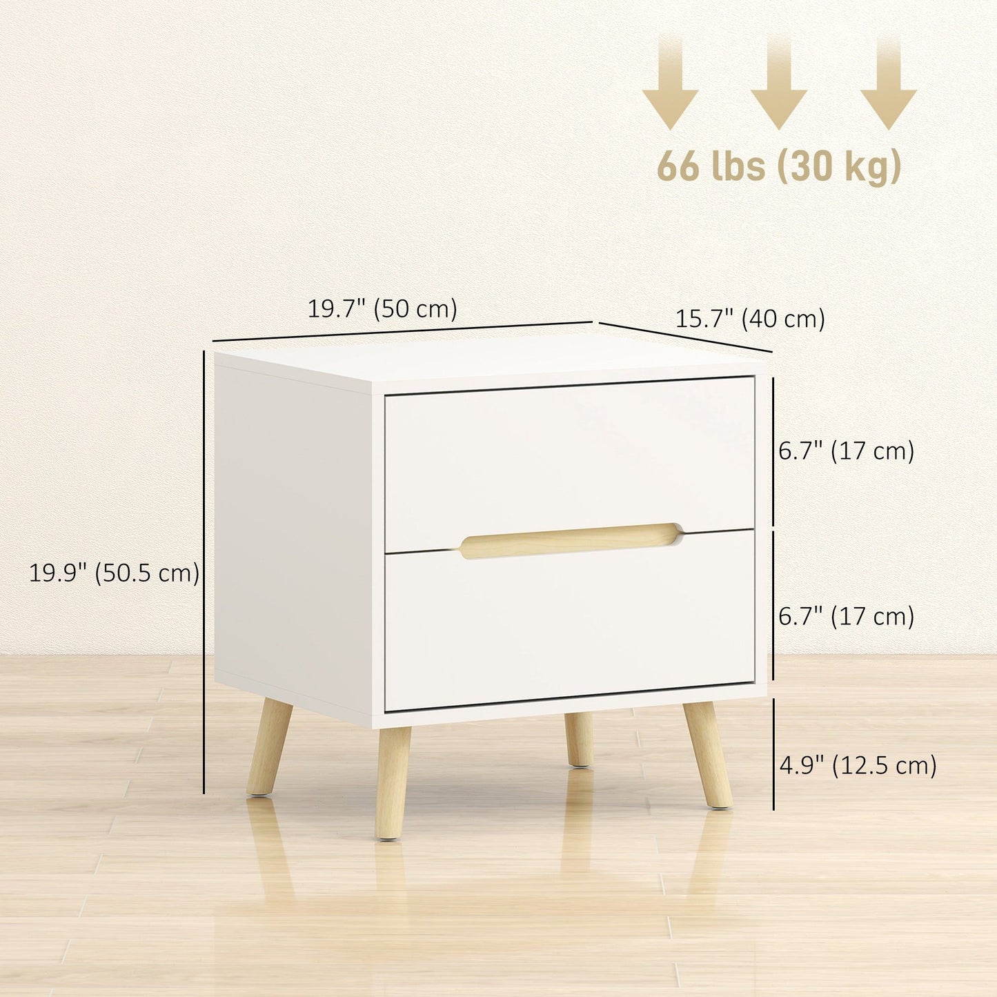 Nightstand Set of 2 with 2 Drawers and Solid Wood Legs - White