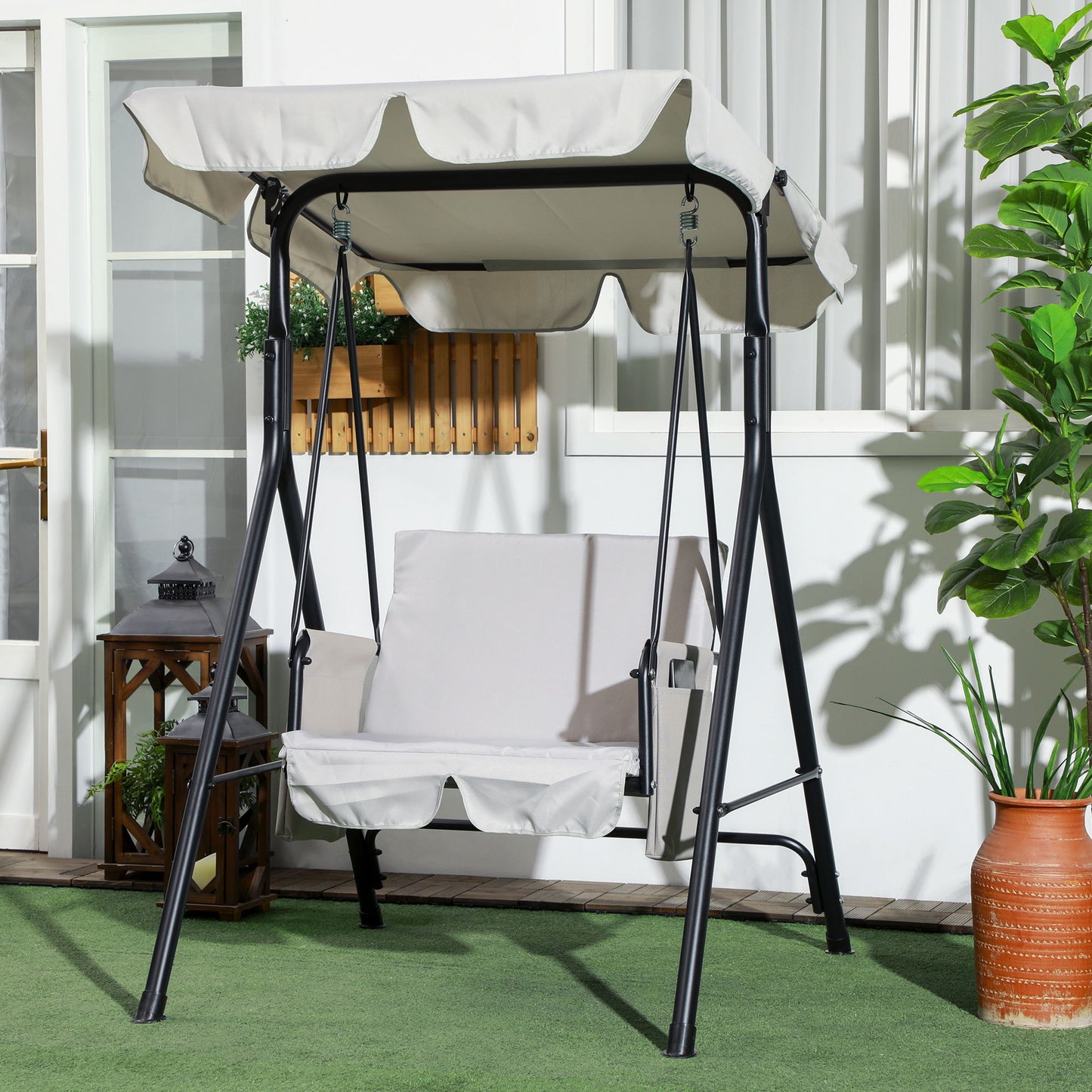 1-Seat Outdoor Porch Swing Patio Swing with Adjustable Canopy, Removable Seat and Back Cushion for Garden, Poolside