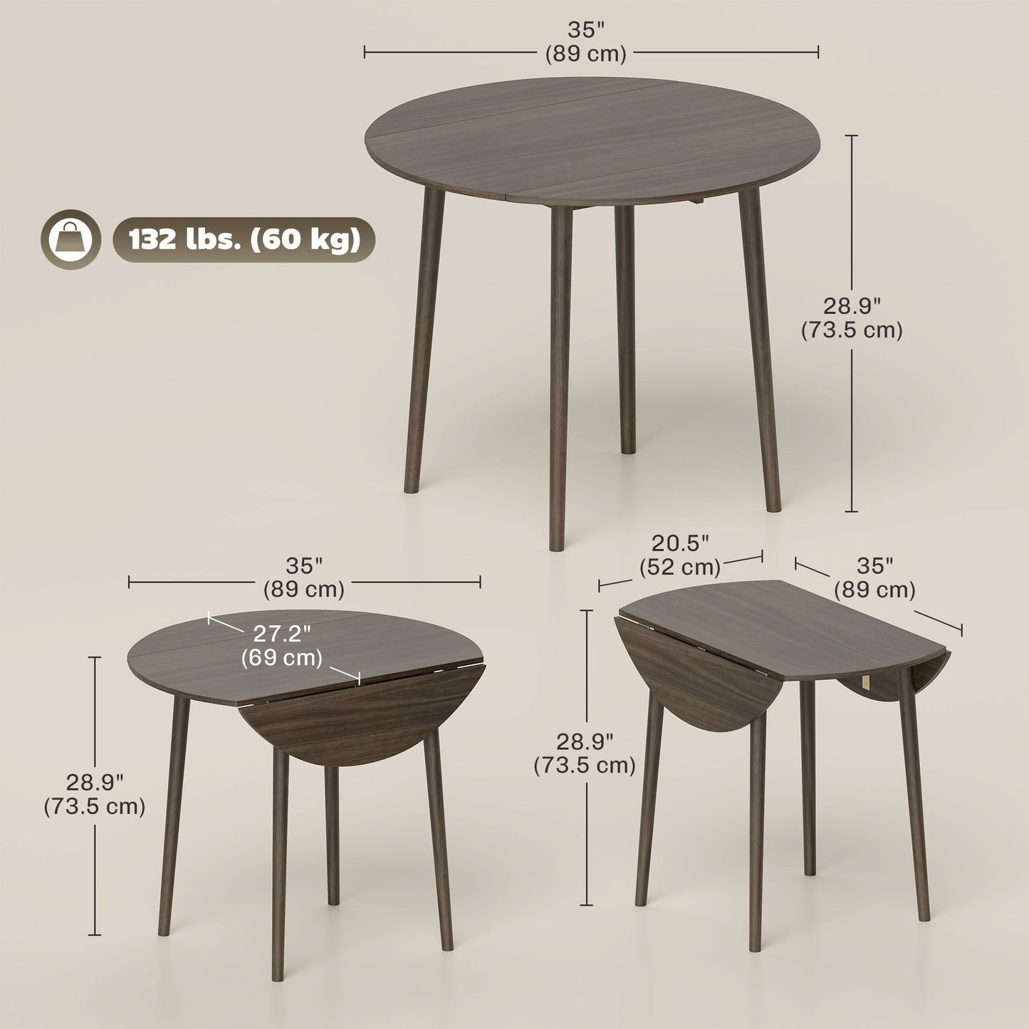 Folding Dining Table, Round Drop Leaf Kitchen Table for Small Spaces with Wood Legs, Distressed Grey