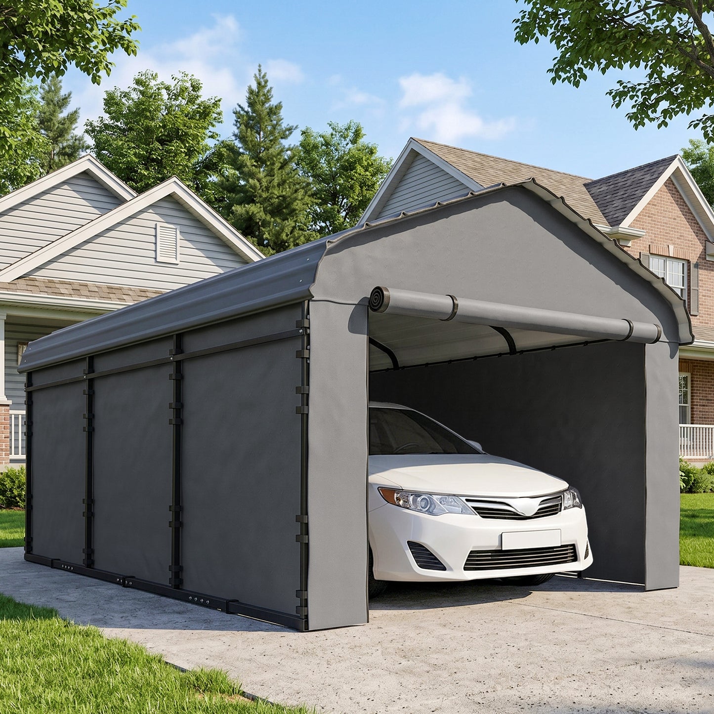 Metal Carport, Heavy Duty Garage Car Shelter with Galvanized Metal Roof and Removable Sidewalls, Light Grey - 10' x 15'