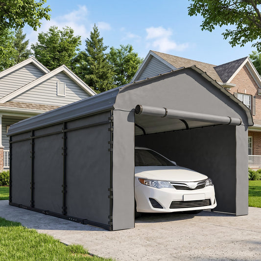 Metal Carport, Heavy Duty Garage Car Shelter with Galvanized Metal Roof and Removable Sidewalls, Light Grey - 10' x 15'