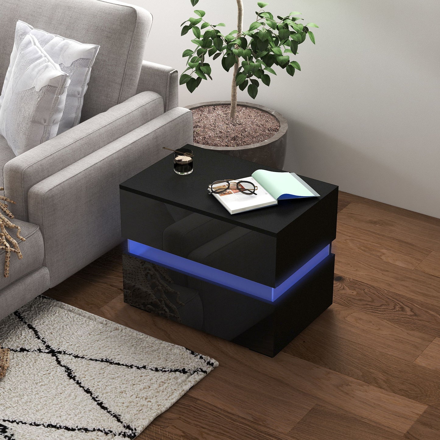 Modern Nightstand, Bedside Table with 2 Drawers, USB Powered RGB LED Lights for Bedroom, Black