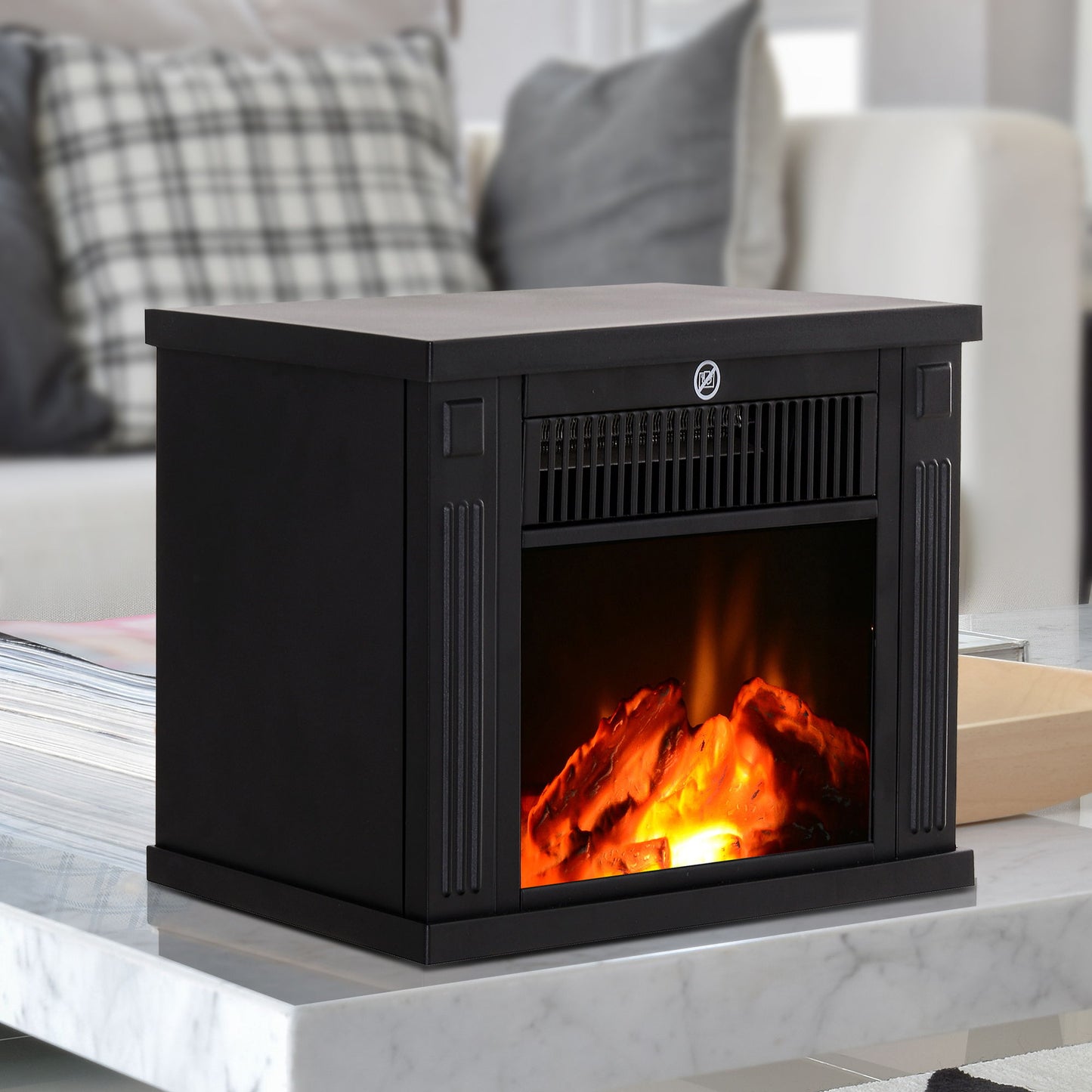 14" 1000W Mini Standing Electric Fireplace Portable Heater with Overheating, Black