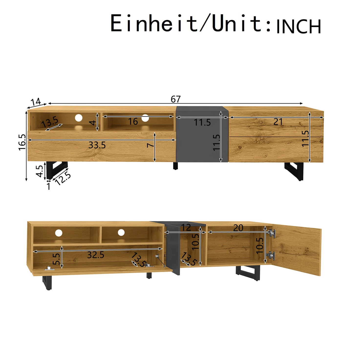Colour Coordinated TV Stand with U-Shaped Metal Legs, 3 Doors and 2 Compartments, Easy Assembly, 67" L x 14" W x 16.5" H, Black+Natural