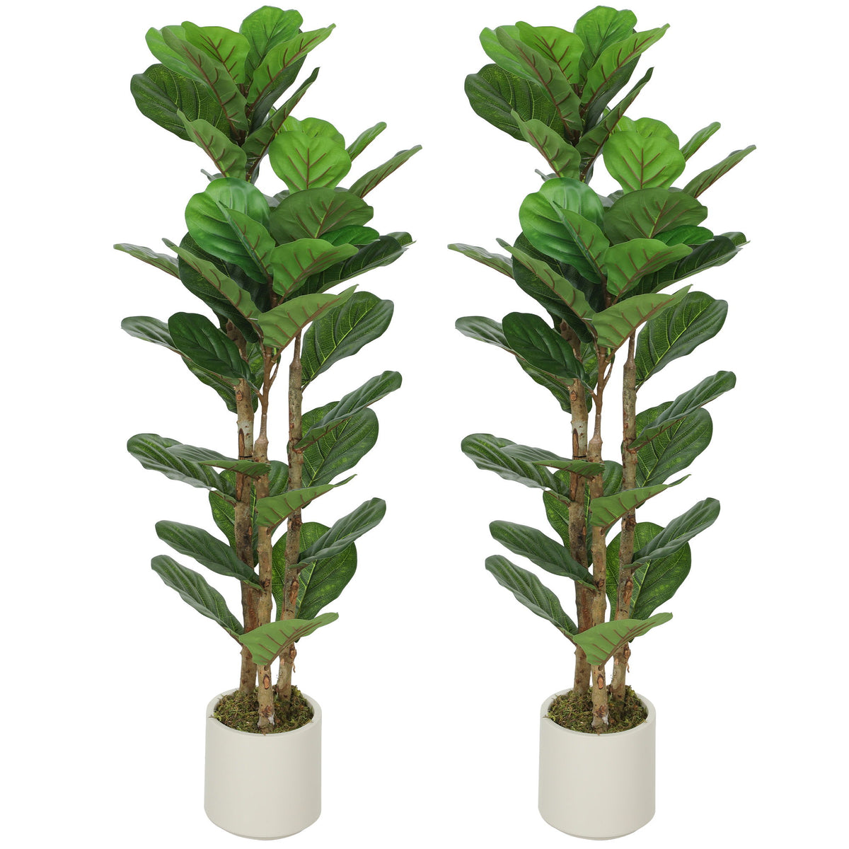 4FT Artificial Fiddle Leaf Fig Tree Set of 2, Fake Potted Tree with Solid Wood Trunks for Indoor Decor, Green