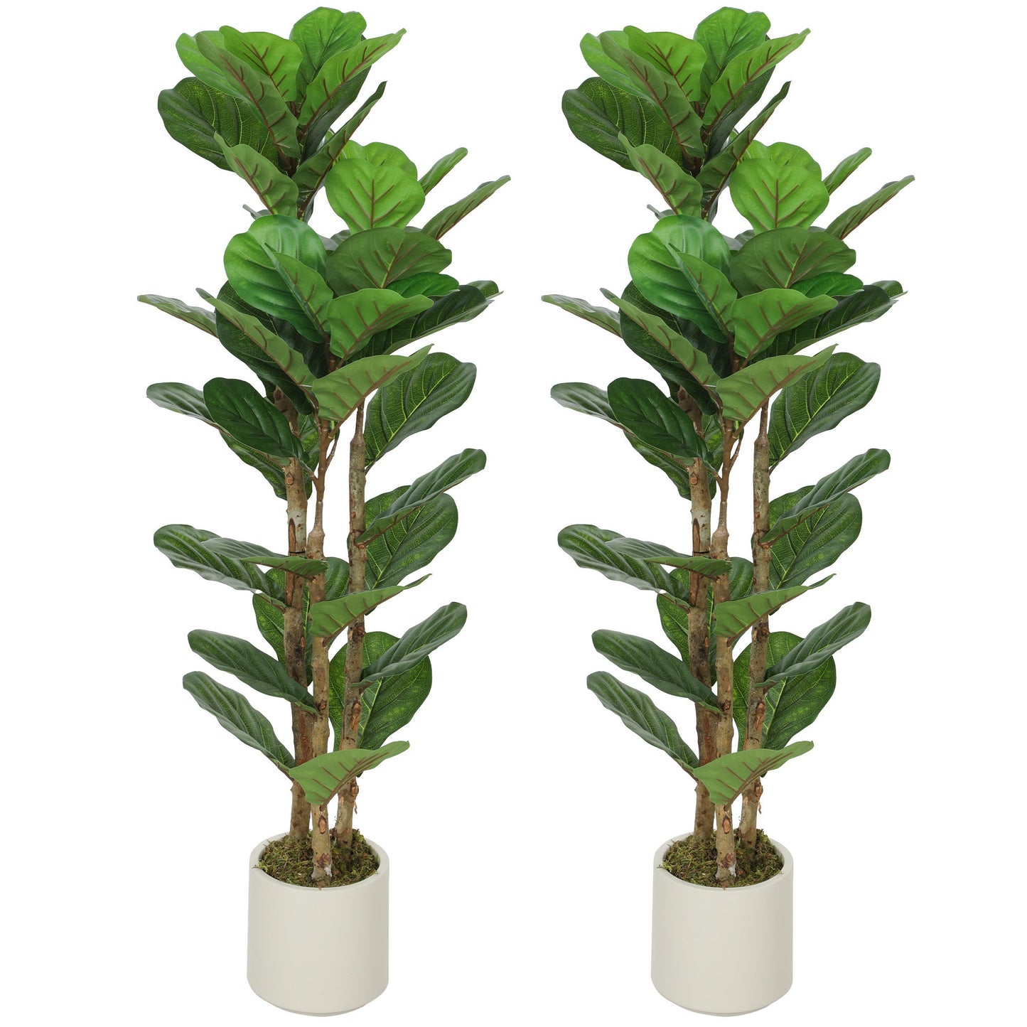 4FT Artificial Fiddle Leaf Fig Tree Set of 2, Fake Potted Tree with Solid Wood Trunks for Indoor Decor, Green