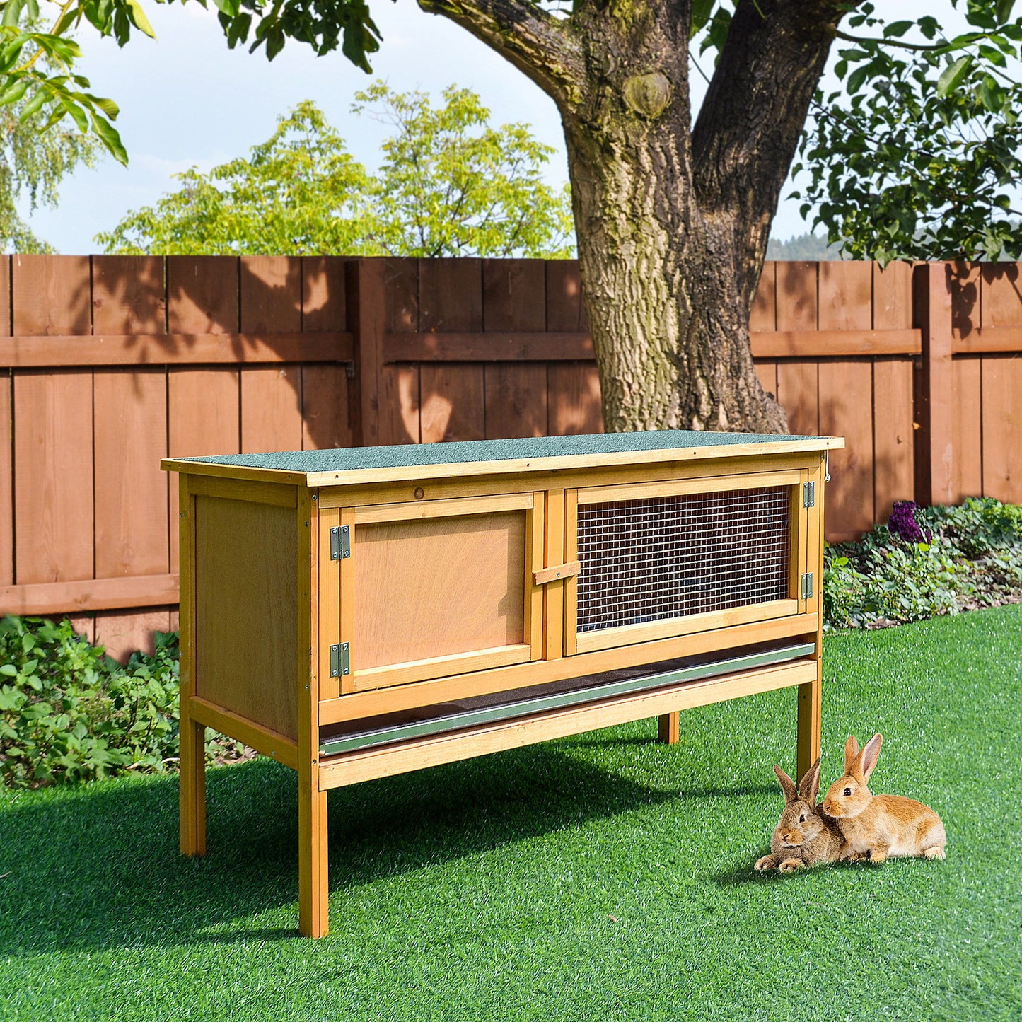 Wooden Rabbit Hutch, Indoor Outdoor Bunny Cage with Slide-Out Tray and Openable Roof, Small Animal Cage