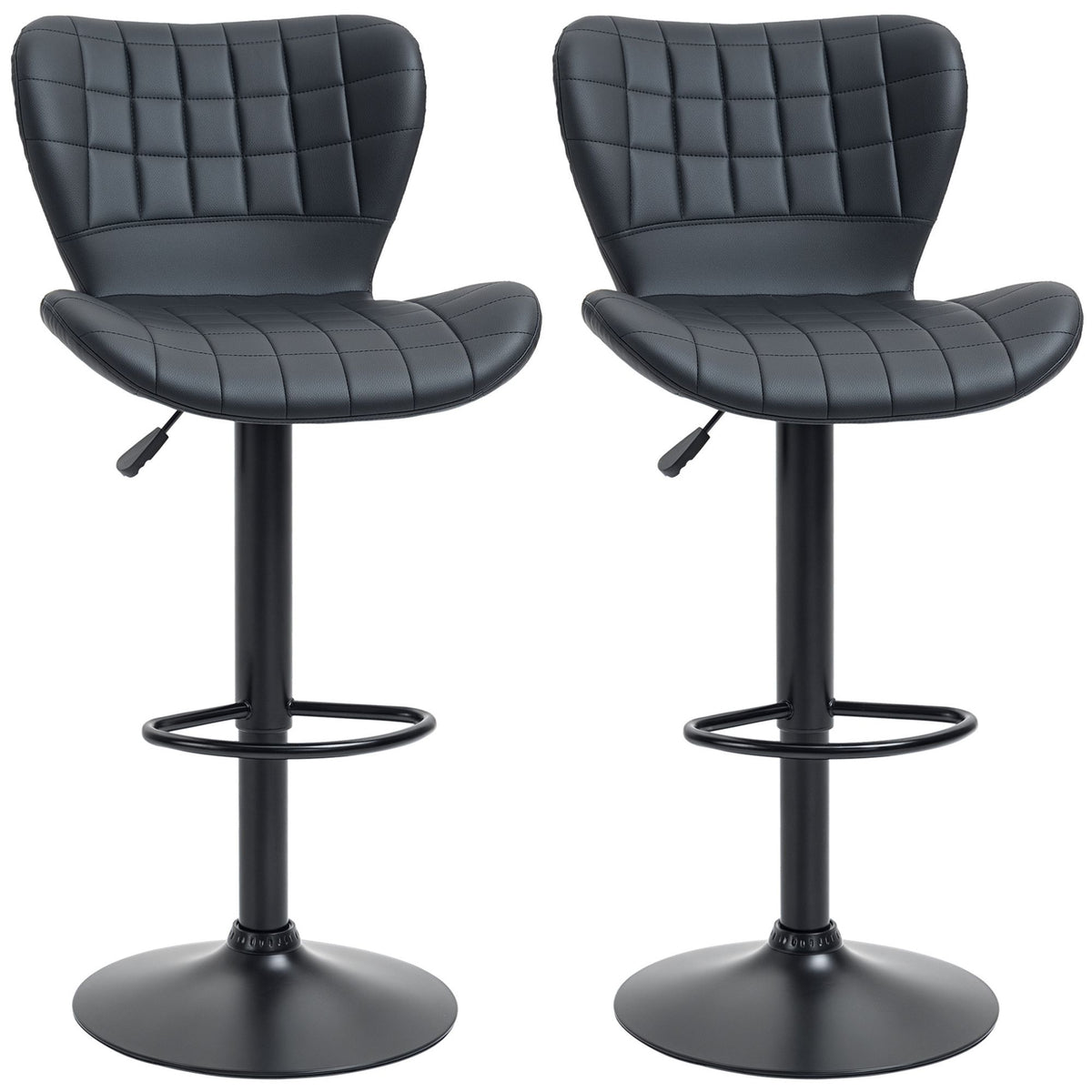 Bar Stools Set of 2, Adjustable Height Swivel Bar Chairs, PU Leather Upholstered Kitchen Counter Stools with Wide Seat, Back and Footrest, Black