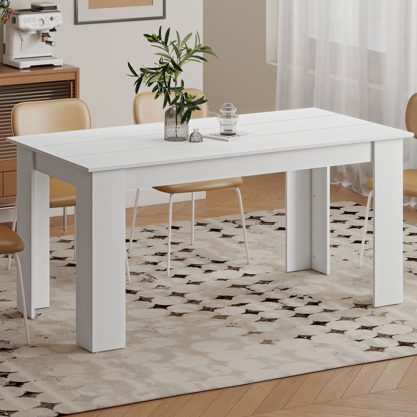 63" Kitchen Table for 4-6 People, Dining Table with Wood Effect for Dining Room, White