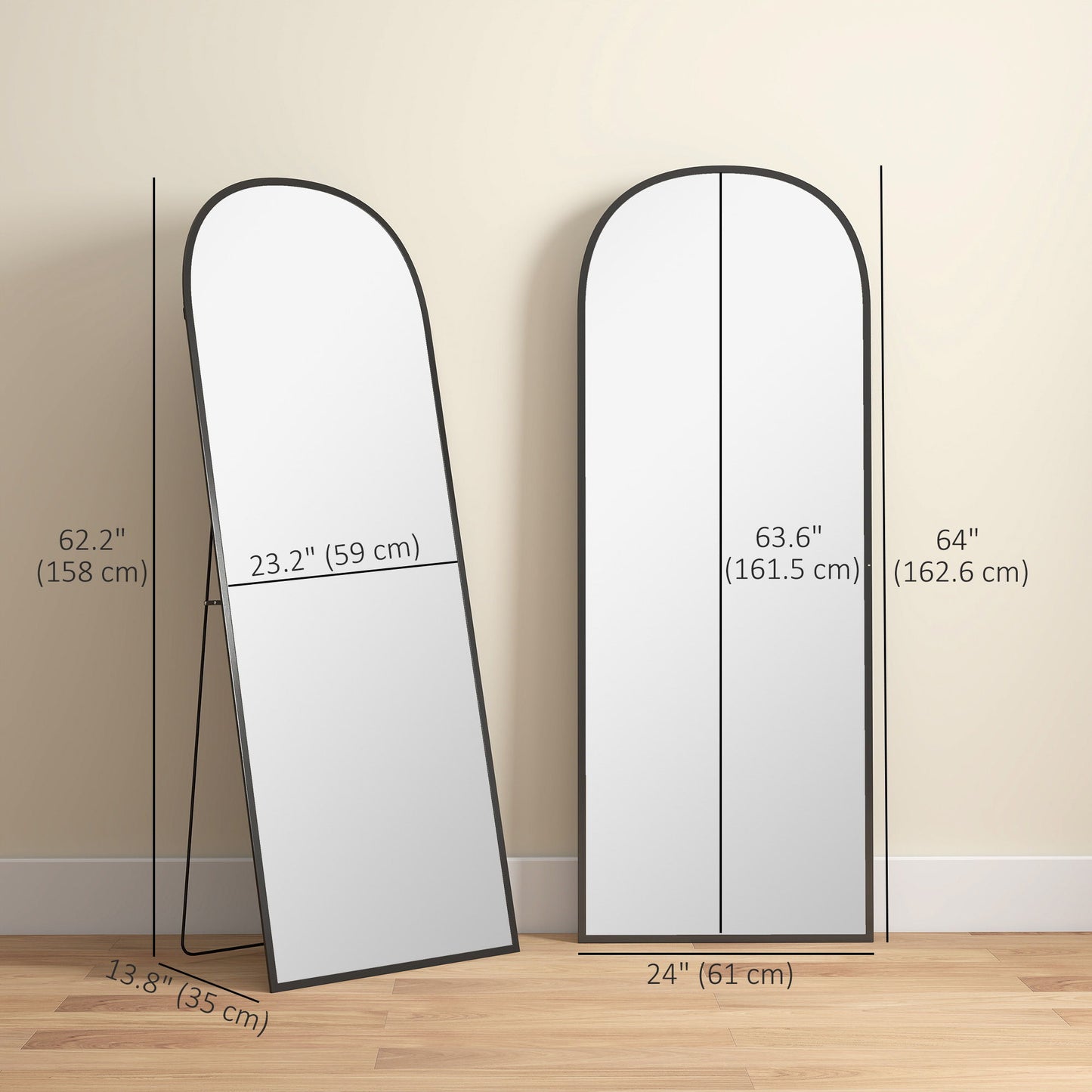 Arched Standing Mirror, 64" x 24" Full Length Mirror, Free Standing or Wall Mounted for Living Room, Bedroom, Black