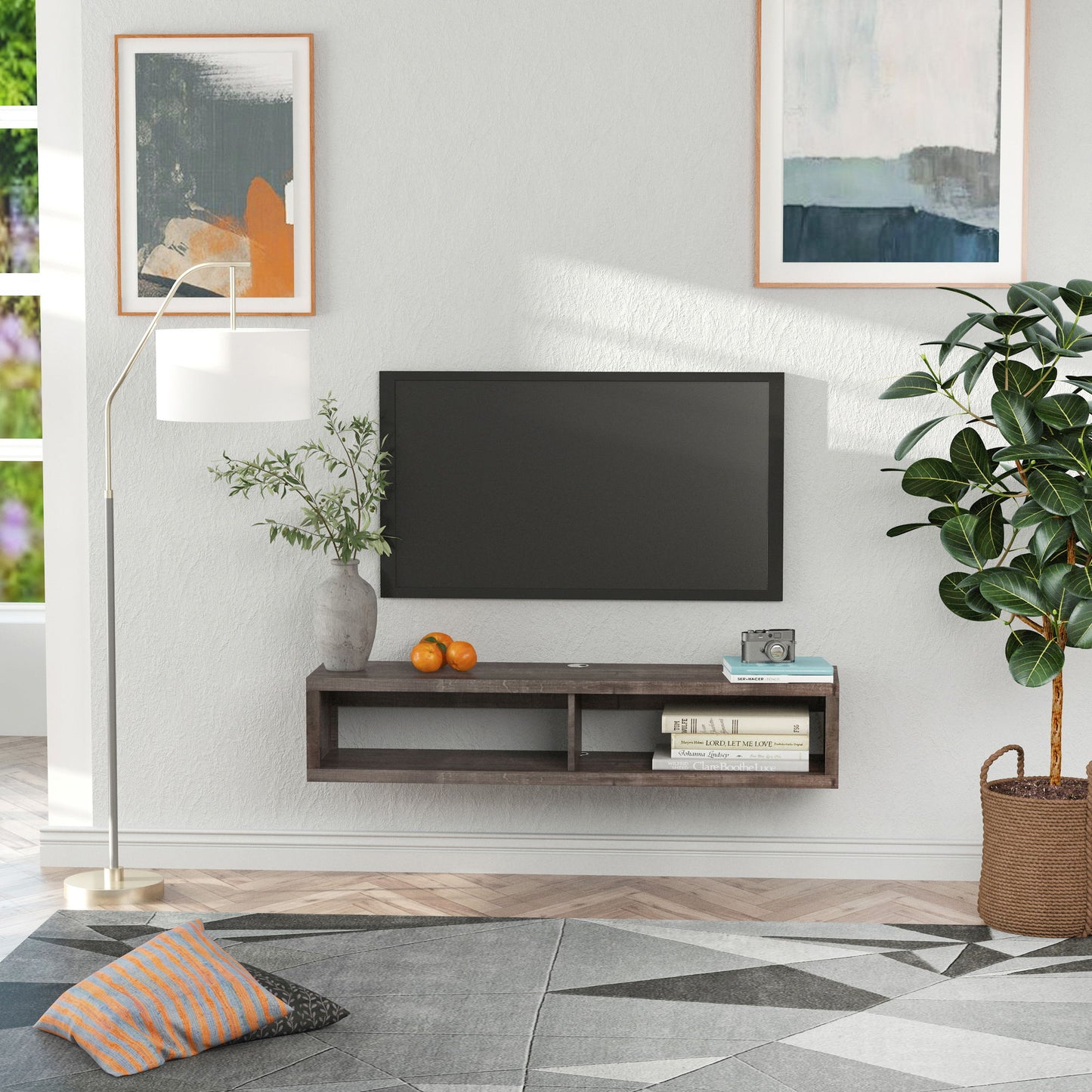 Floating TV Stand Shelf for 50" TVs, Wall Mounted Entertainment Center for Living Room, Bedroom, Media Console with Storage Shelf for Audio, Video, Dark Grey Wood Grain