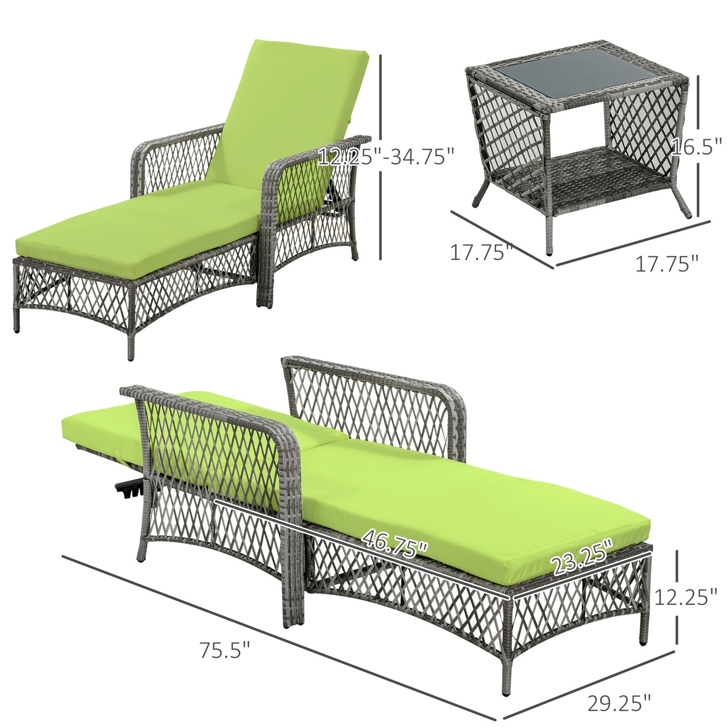 2 Pieces Wicker Patio Lounge Set w/ Cushions, Outdoor PE Rattan Sun Lounger Sets w/ 5-Level Reclining Chaise Chair & Two-tier Glass Top Coffee Table, Green