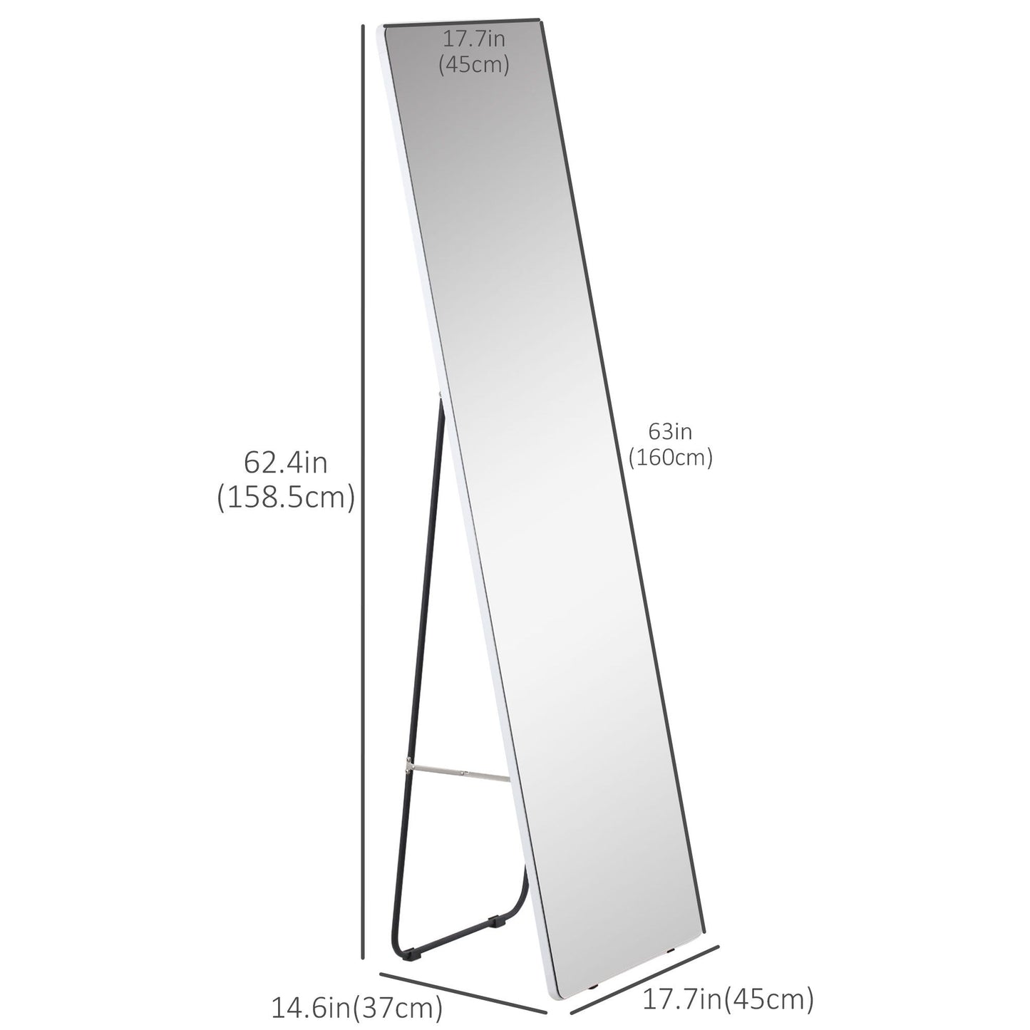 63"x18" Full Length Mirror, Floor Standing, Wall-Mounted or Leaning Against Wall Tall Mirror w/Support Frame, Rectangular Full Body Mirror for Bedroom, Living Room, Silver