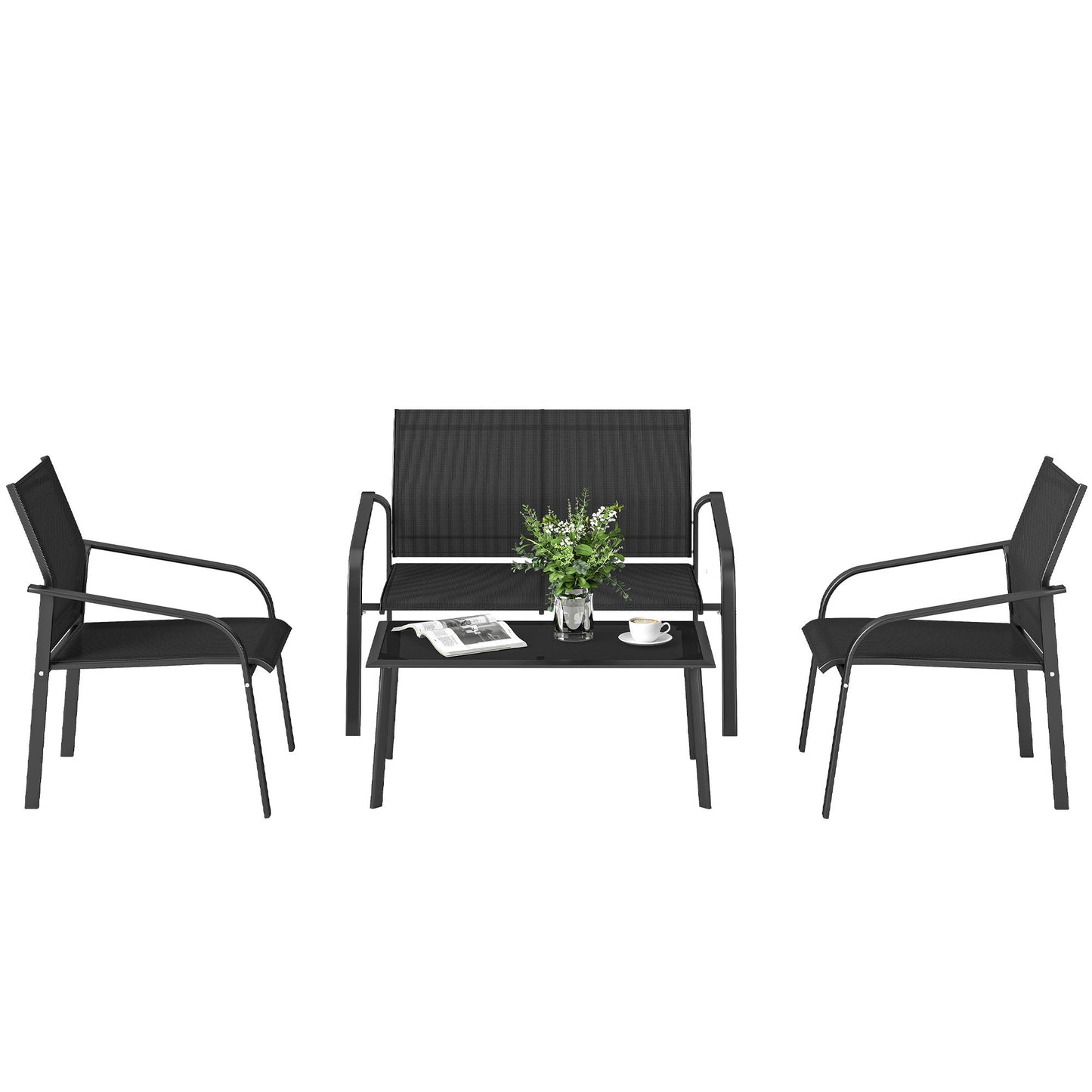 4 Piece Patio Furniture Set, Outdoor Conversation Set with Deep Seat, Loveseats, Armchairs, Glass-Top Table, Black