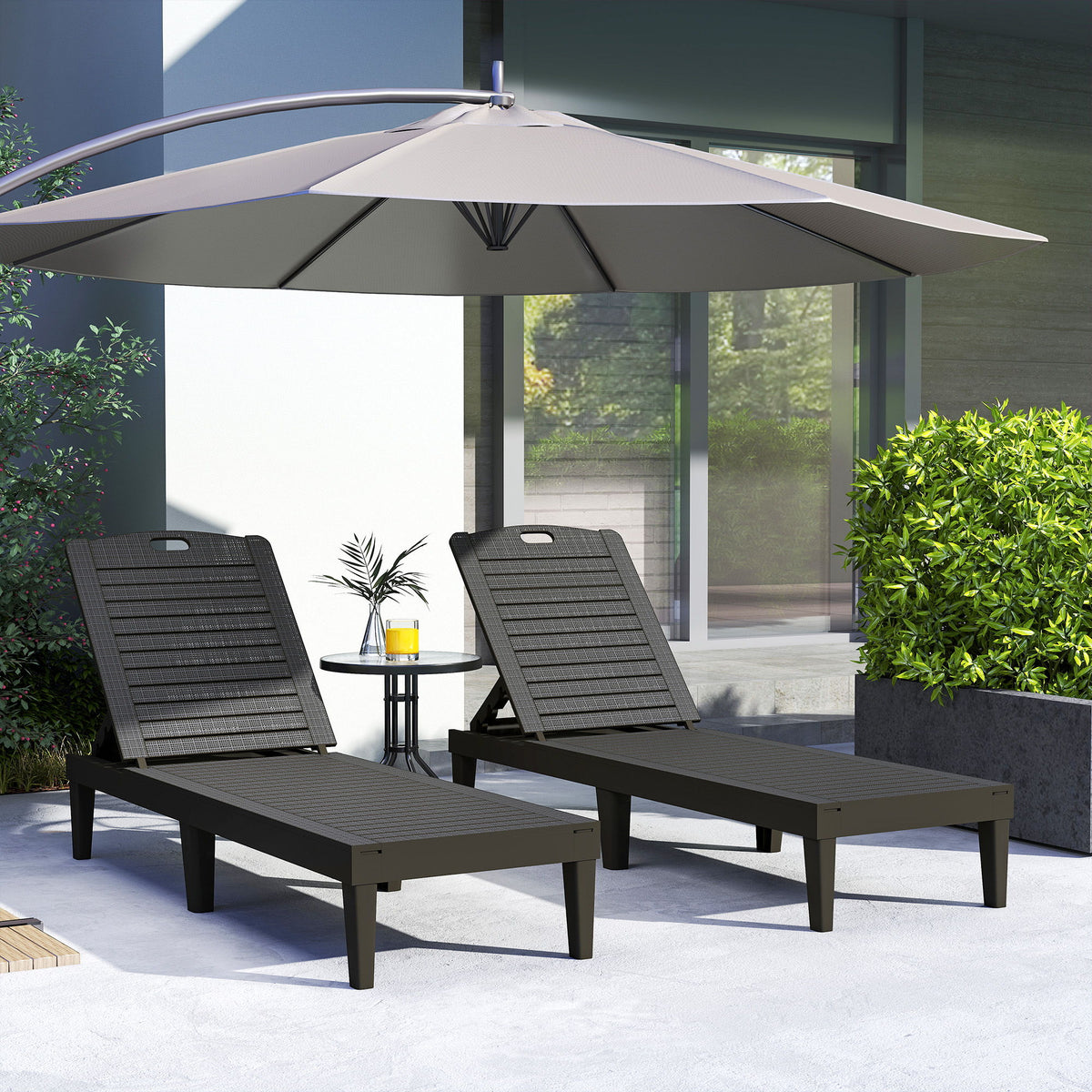 Outdoor Lounge Chair Set of 2, Waterproof Resin Lounge Chairs with 4-Position Adjustable Backrest for Backyard, Black