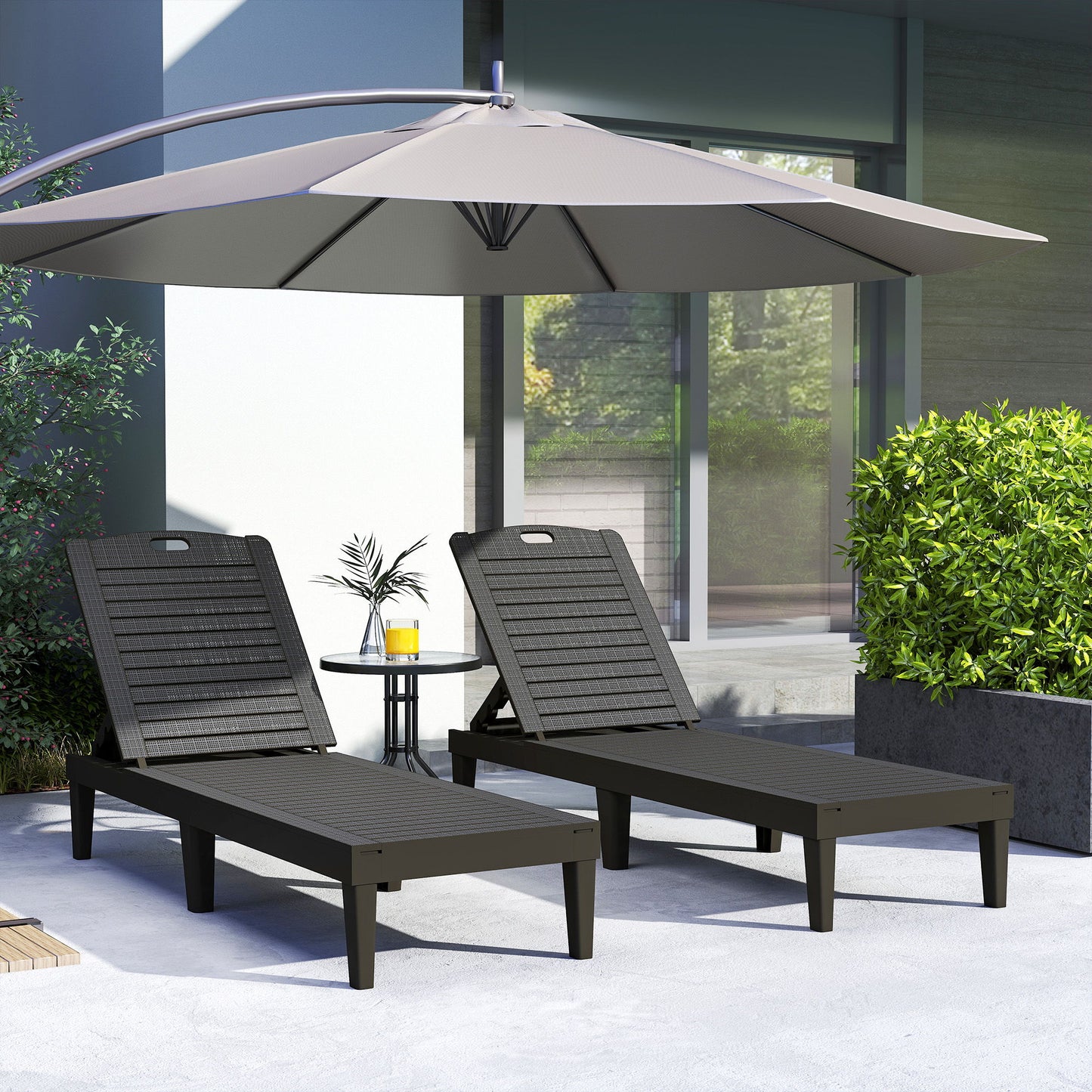 Outdoor Lounge Chair Set of 2, Waterproof Resin Lounge Chairs with 4-Position Adjustable Backrest for Backyard, Black