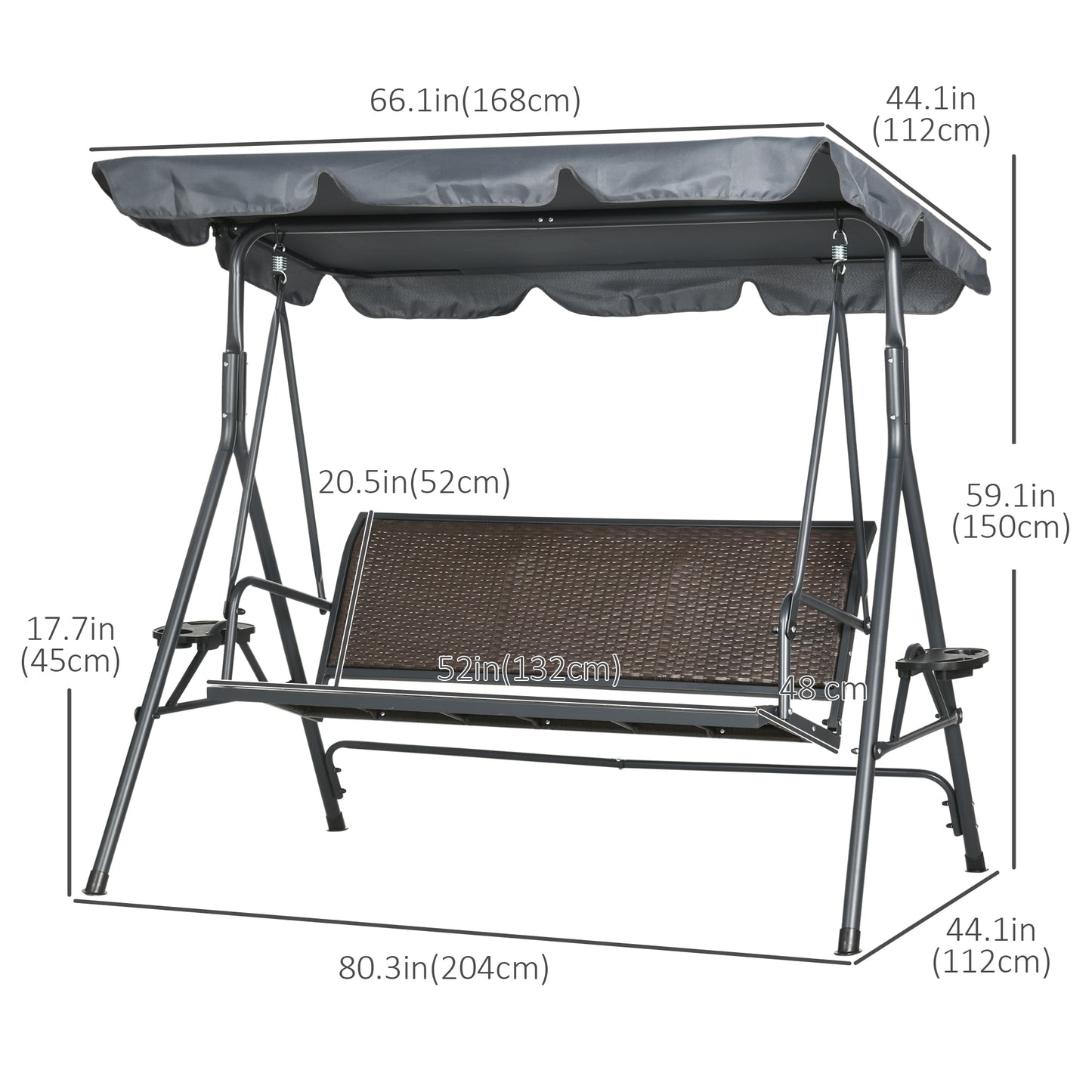 3-Seat Patio Swing Chair, Outdoor Canopy Swing Glider with Adjustable Shade, Grey