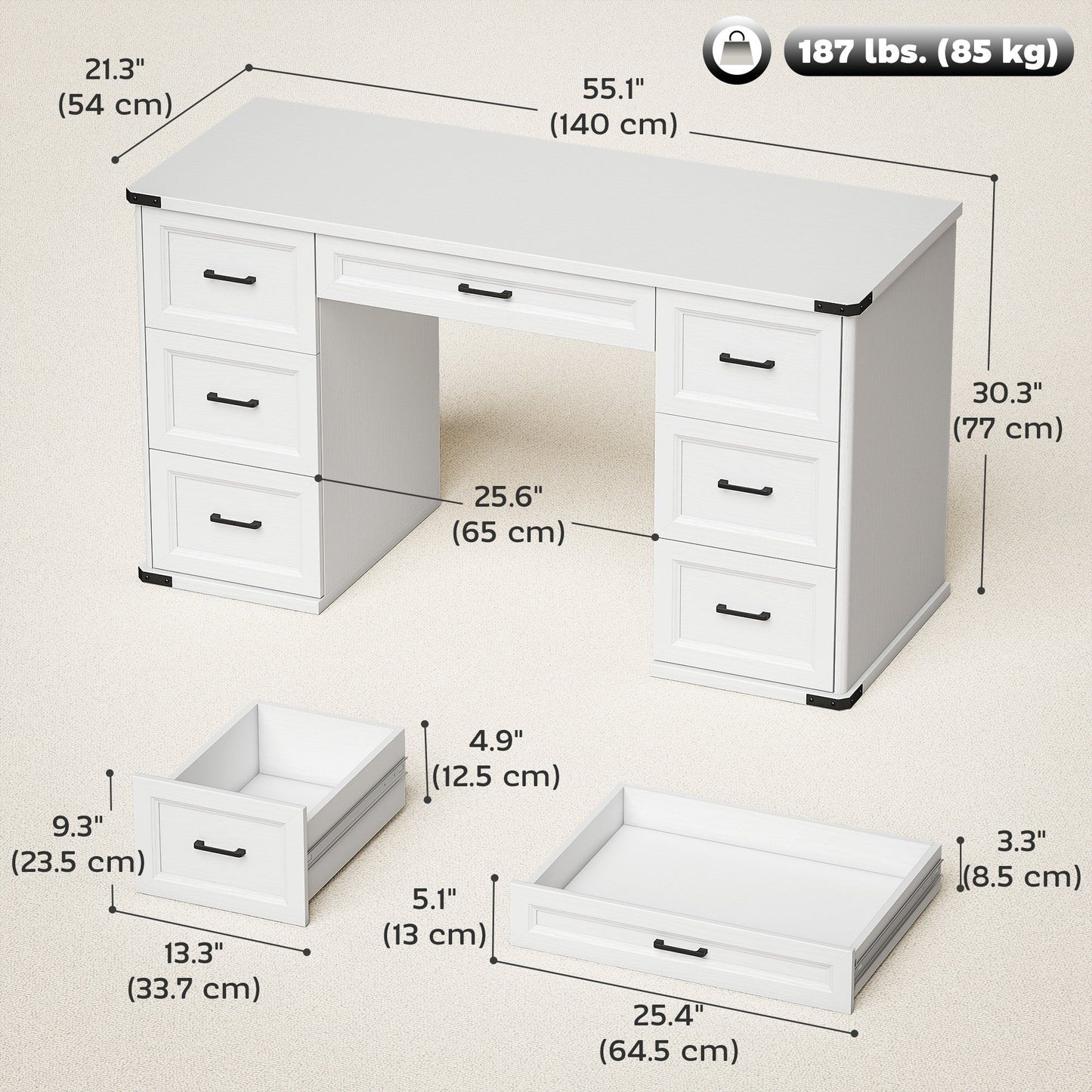 55" Executive Computer Desk with 7 Drawers - White Wood Grain