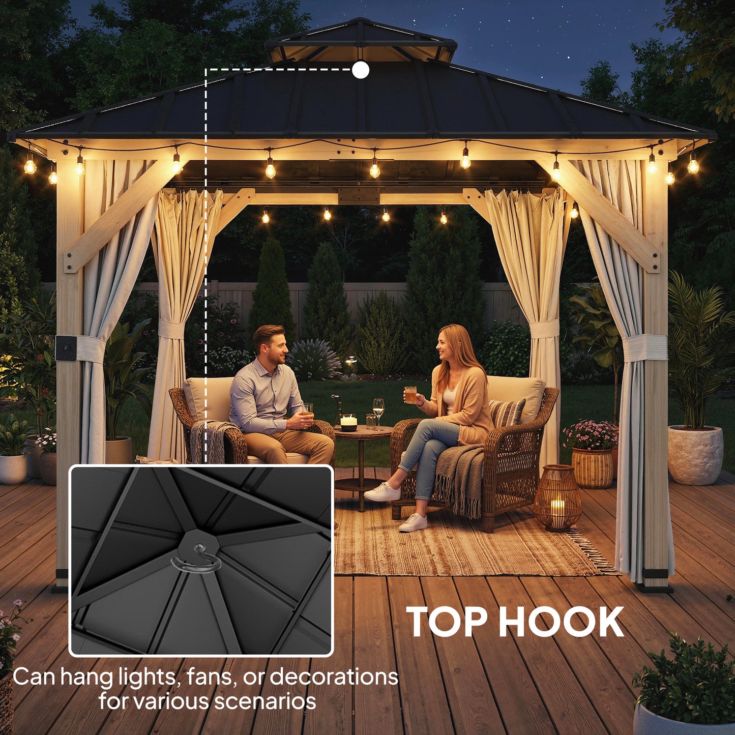 10 x 10 Hardtop Gazebo with Curtains, Wood Patio Gazebo with Double Steel Roof, Hook, Light Grey