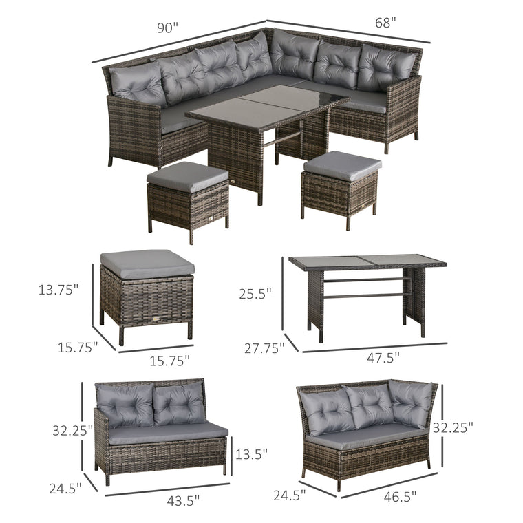 Dark Grey 6-Piece Rattan Sofa Set with Dining Table
