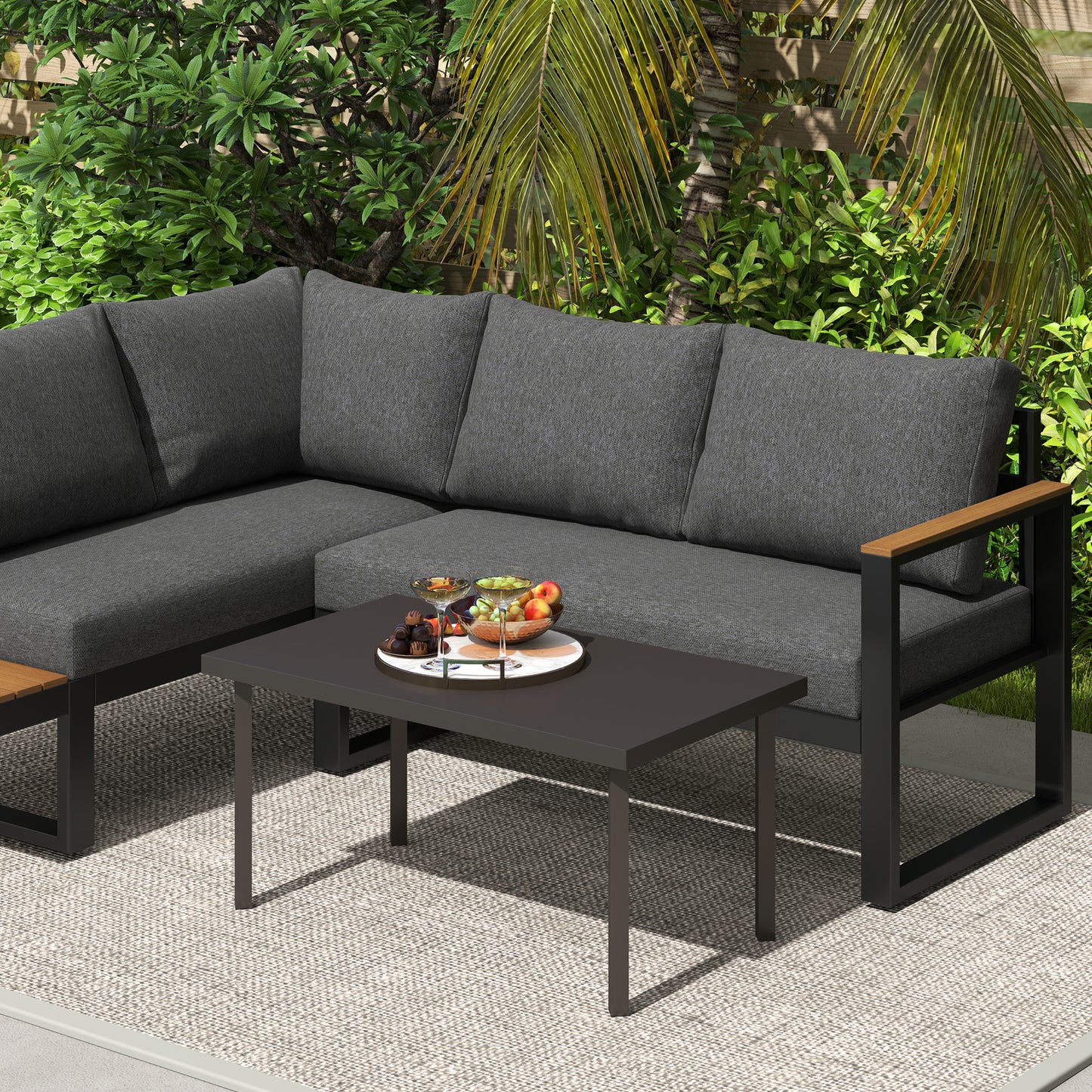 Metal Outdoor Side Table, Rectangle Patio Coffee Table with Woodgrain Tabletop for Outside Garden, Brown