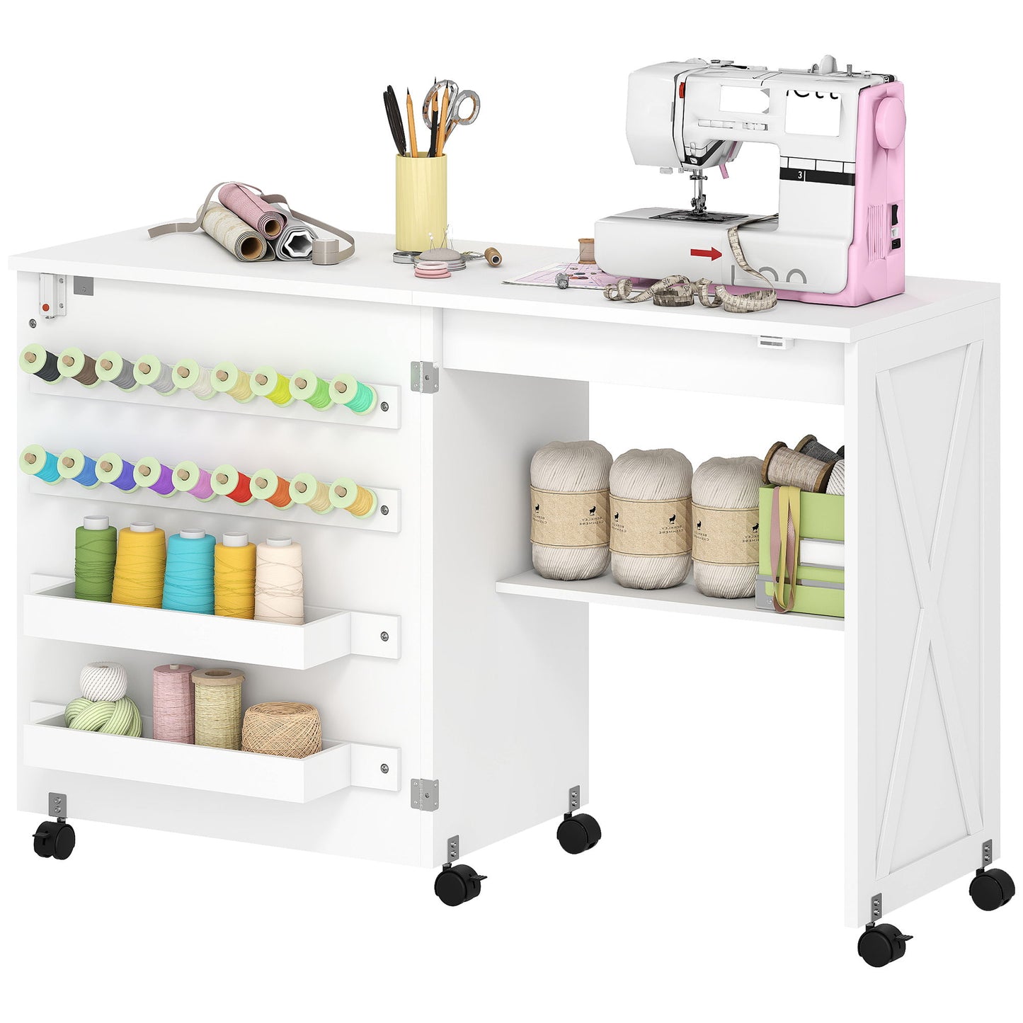 Sewing Machine Table on Wheels, Folding Craft Table with 2 Bins, Storage Shelf, 18 Pegs, Lockable Wheels, White