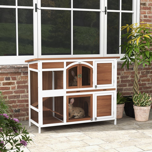 Two-Tier Wooden Rabbit Hutch with Openable Roof, Slide-Out Tray